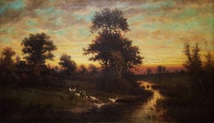Cottage Landscape with Geese at Twilight