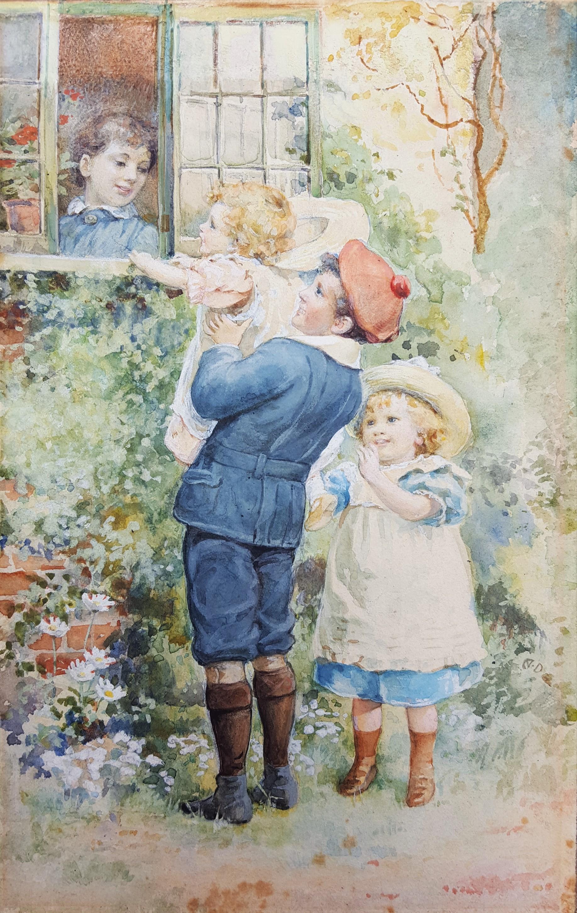 Ada L. Dennis Figurative Art - Children Playing with the Baby /// Victorian Watercolor British Flowers Cottage