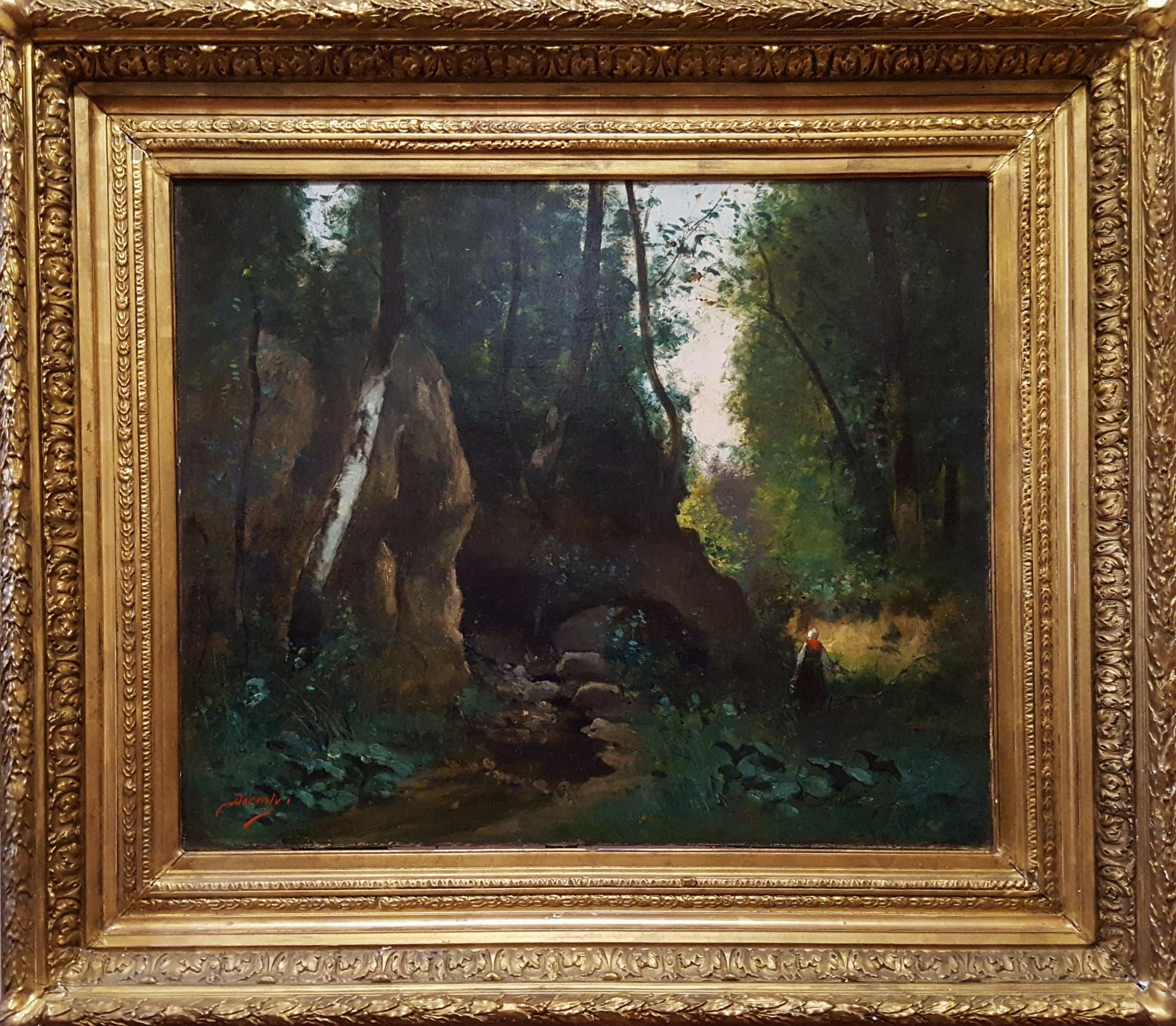 Woman in Forest Landscape - Painting by Unknown
