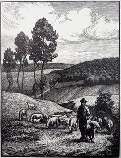 Le Berger (The Shepherd) /// French Impressionist Woodcut Landscape Sheep Farm