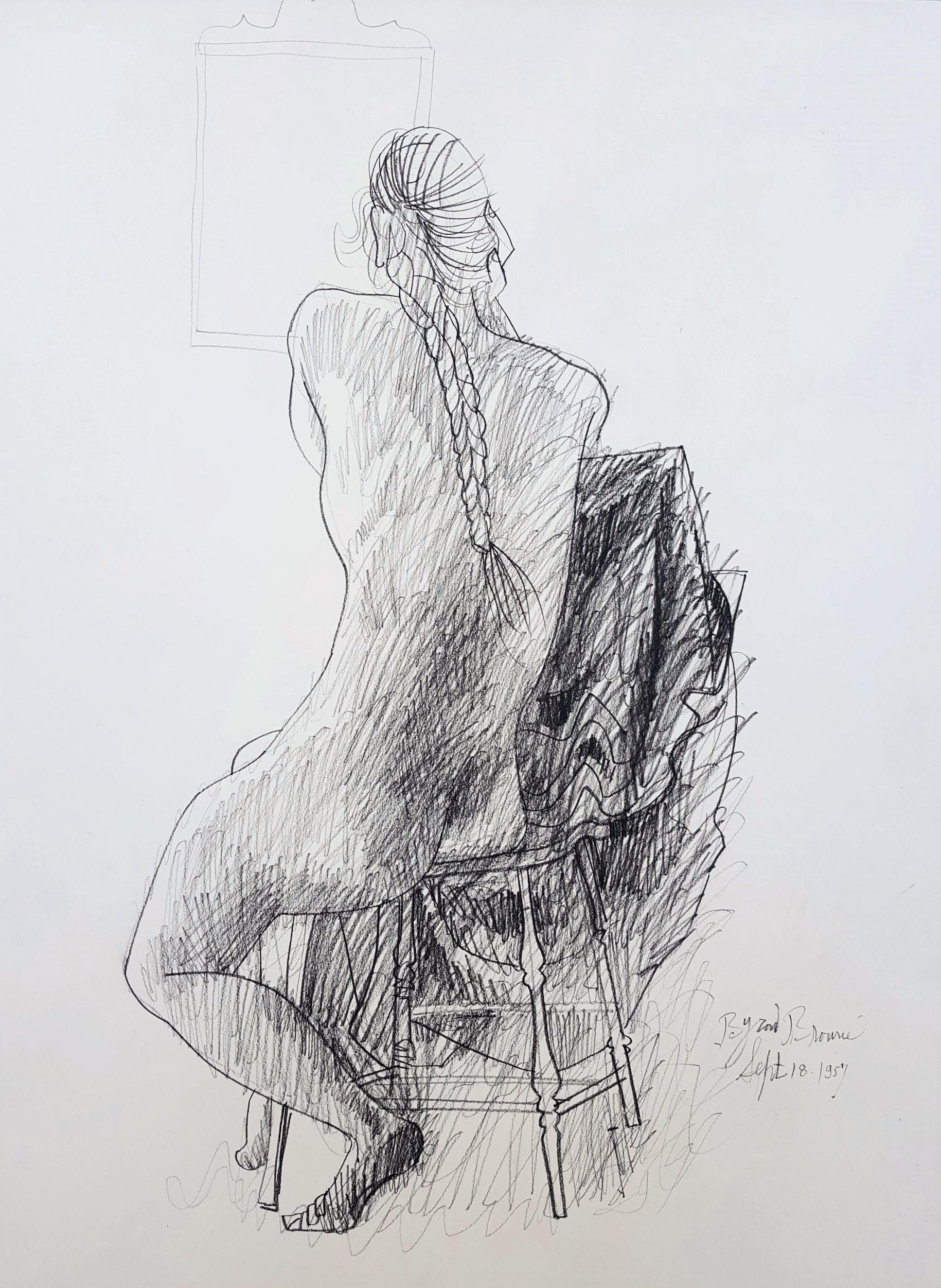Seated Nude with Mirror /// Figurative Chair Lady Woman Byron Browne Drawing Art