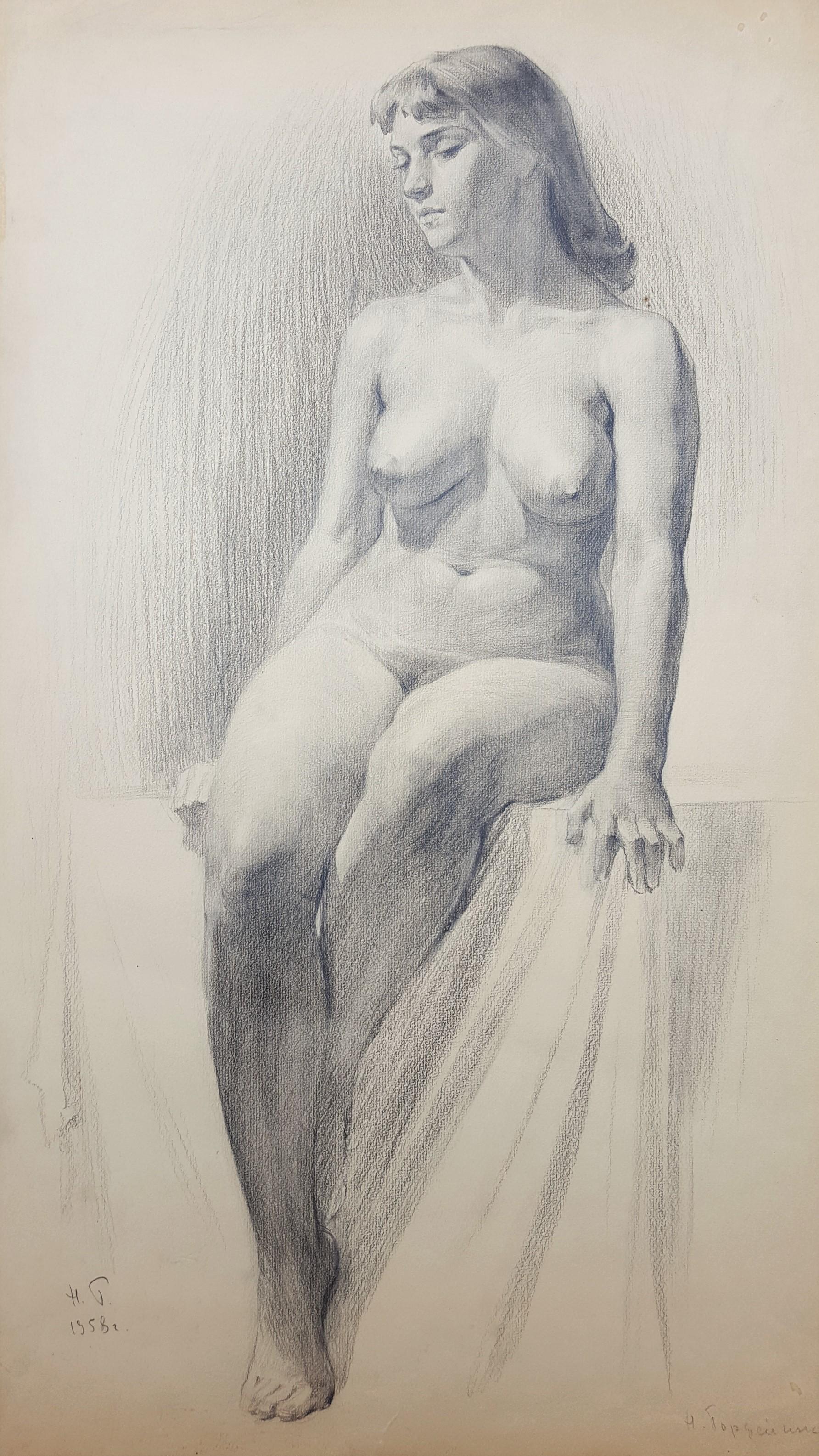 Hendrik Paulides Nude – Zittend Naakt (Sitzender Akt) /// Figuratives Mädchen, Dame, Bleistiftzeichnung, Frau, Kunst