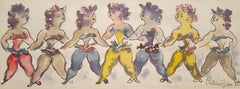 Seven Dancing Acrobats /// Modern Art Chaim Gross Watercolor Figurative Drawing