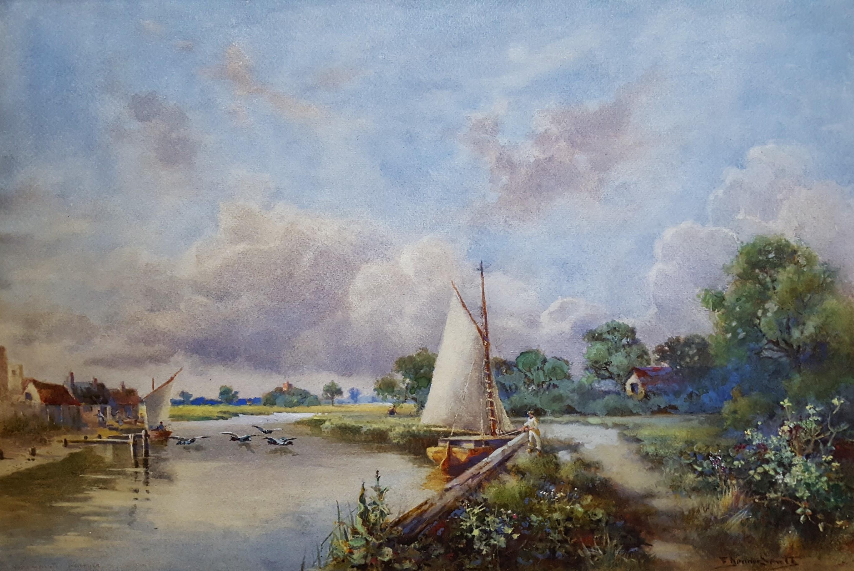 Canal in Norfolk Broads /// Antique British Watercolor Boat Ship River Villlage