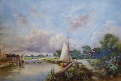 Canal in Norfolk Broads /// Antique British Watercolor Boat Ship River Villlage