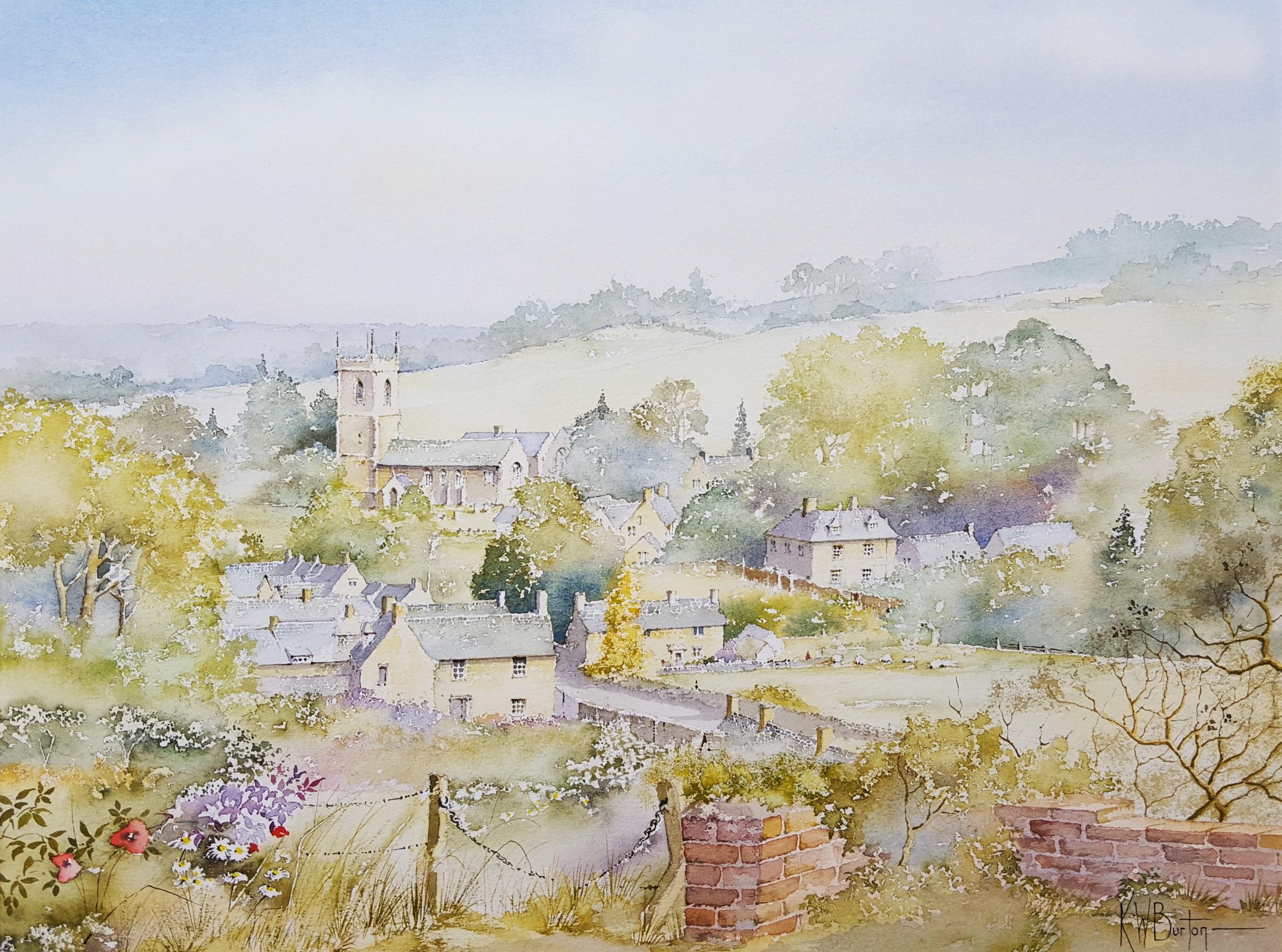 Naunton, Gloucestershire, UK /// Scène de village en aquarelle britannique contemporaine