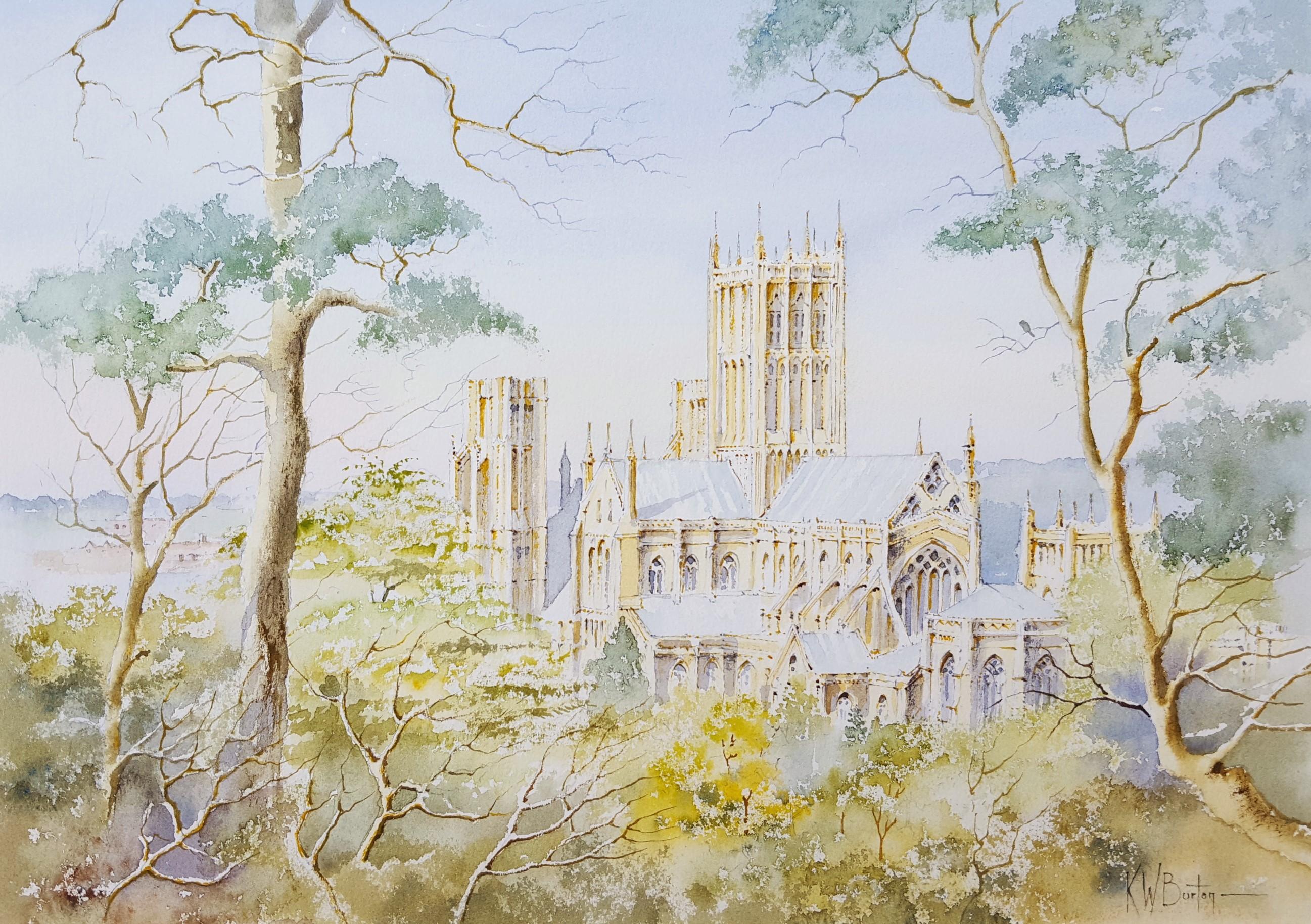 Cattedrale di Wells, Wells, Regno Unito /// Acquerello contemporaneo Scena di una città britannica