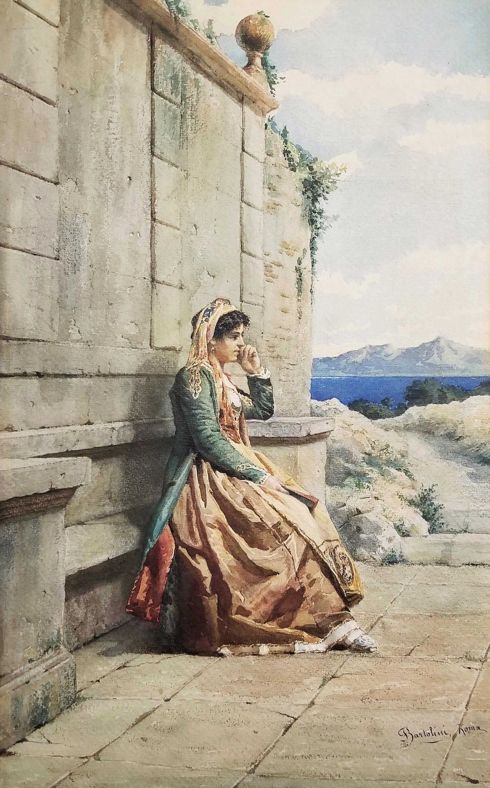 Filippo Bartolini Figurative Art – Restende Dame, Roma /// Antikes italienisches Aquarell, figurative Landschaftskunst, Rom