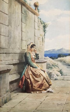 Resting Lady, Roma /// Antique Rome Italian Watercolor Figurative Landscape Art