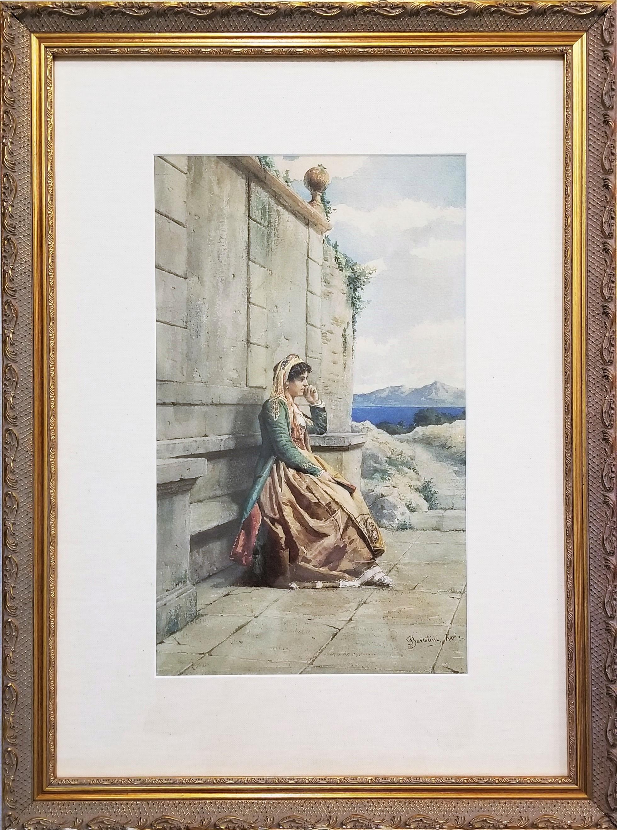 Restende Dame, Roma /// Antikes italienisches Aquarell, figurative Landschaftskunst, Rom – Art von Filippo Bartolini