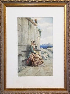 Dama che riposa, Roma /// Acquerello antico di Roma, paesaggio figurativo italiano