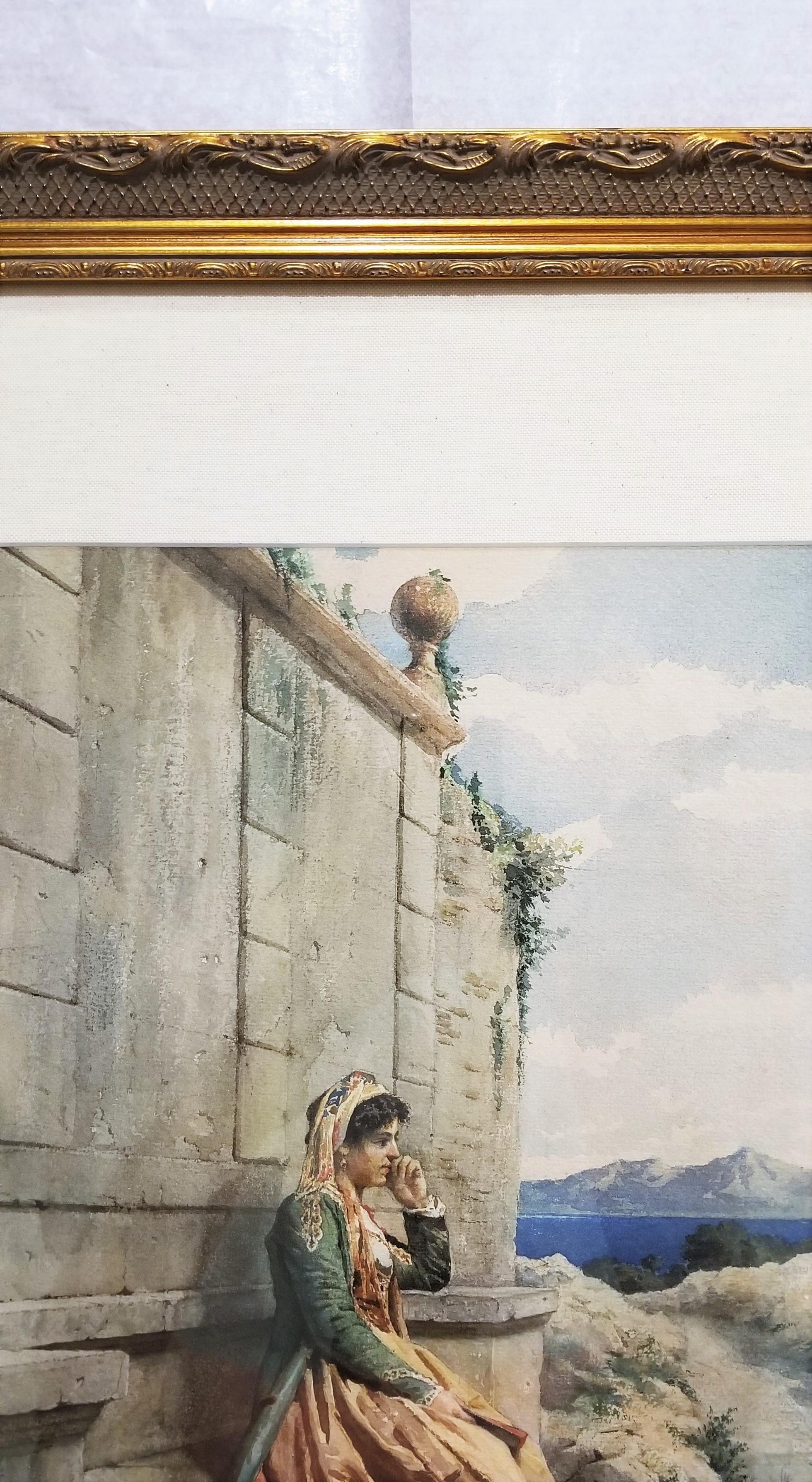 Restende Dame, Roma /// Antikes italienisches Aquarell, figurative Landschaftskunst, Rom im Angebot 3