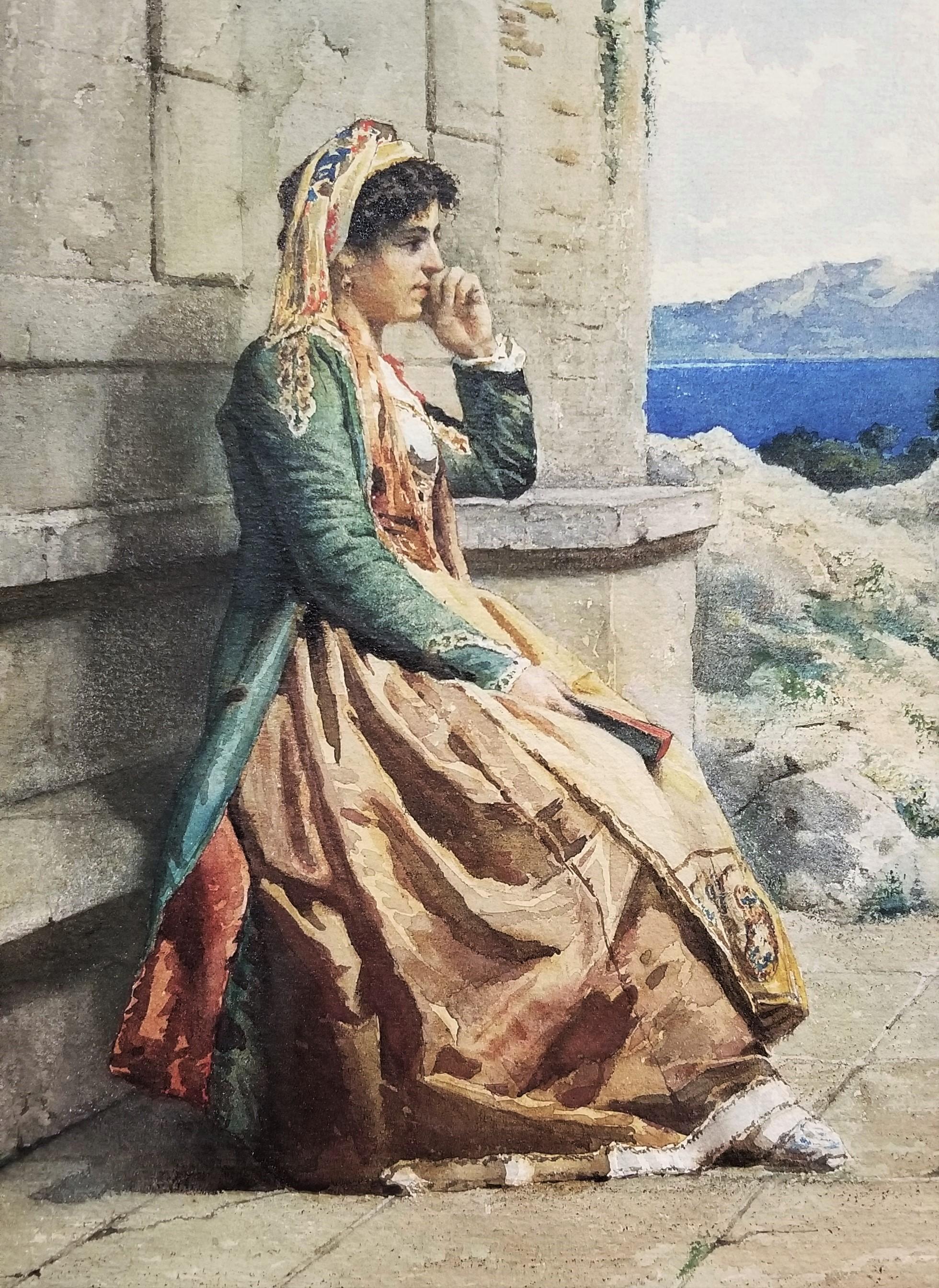 Resting Lady, Roma /// Antique Rome Italian Watercolor Figurative Landscape Art For Sale 4
