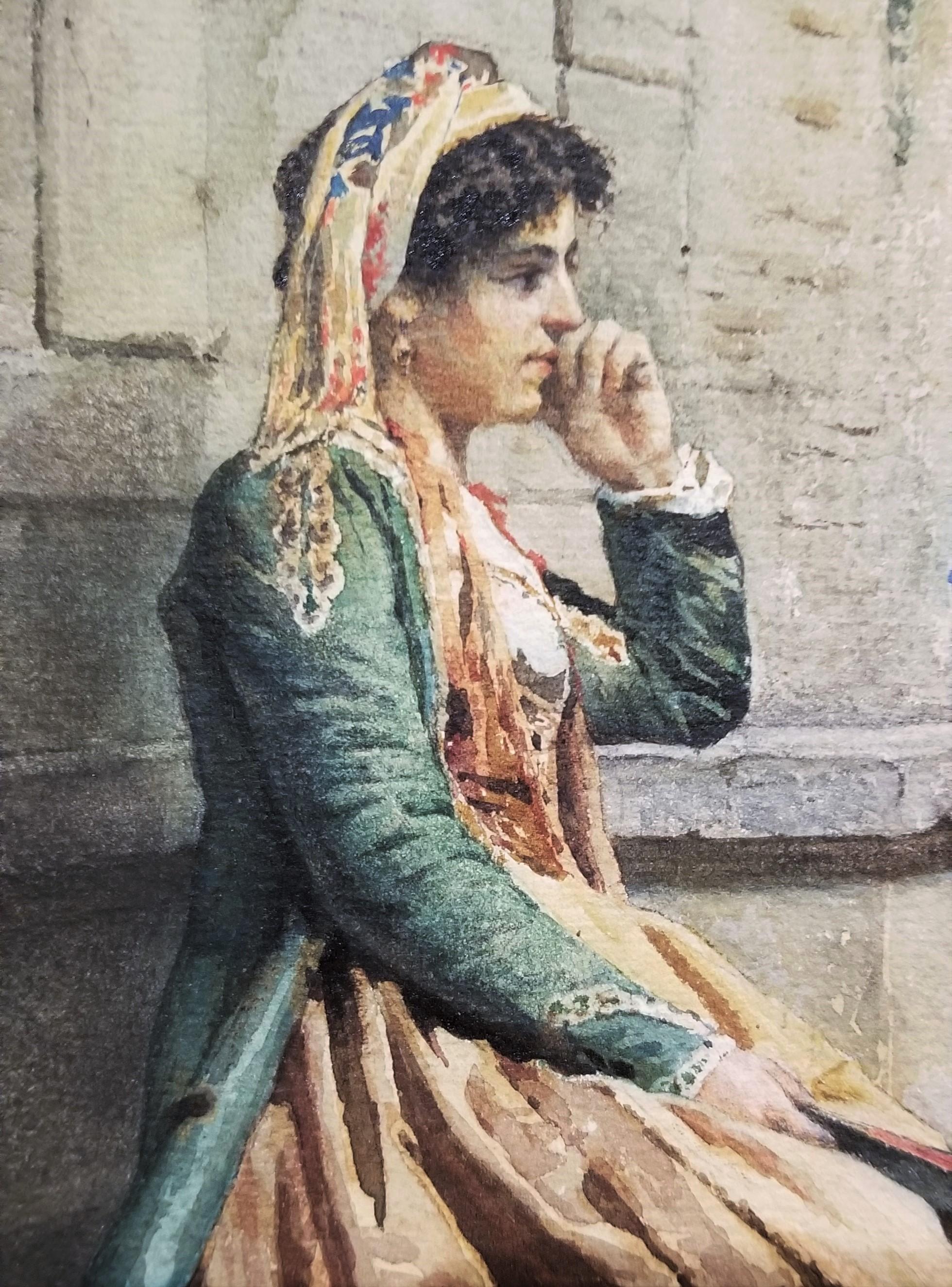 Resting Lady, Roma /// Antique Rome Italian Watercolor Figurative Landscape Art For Sale 5