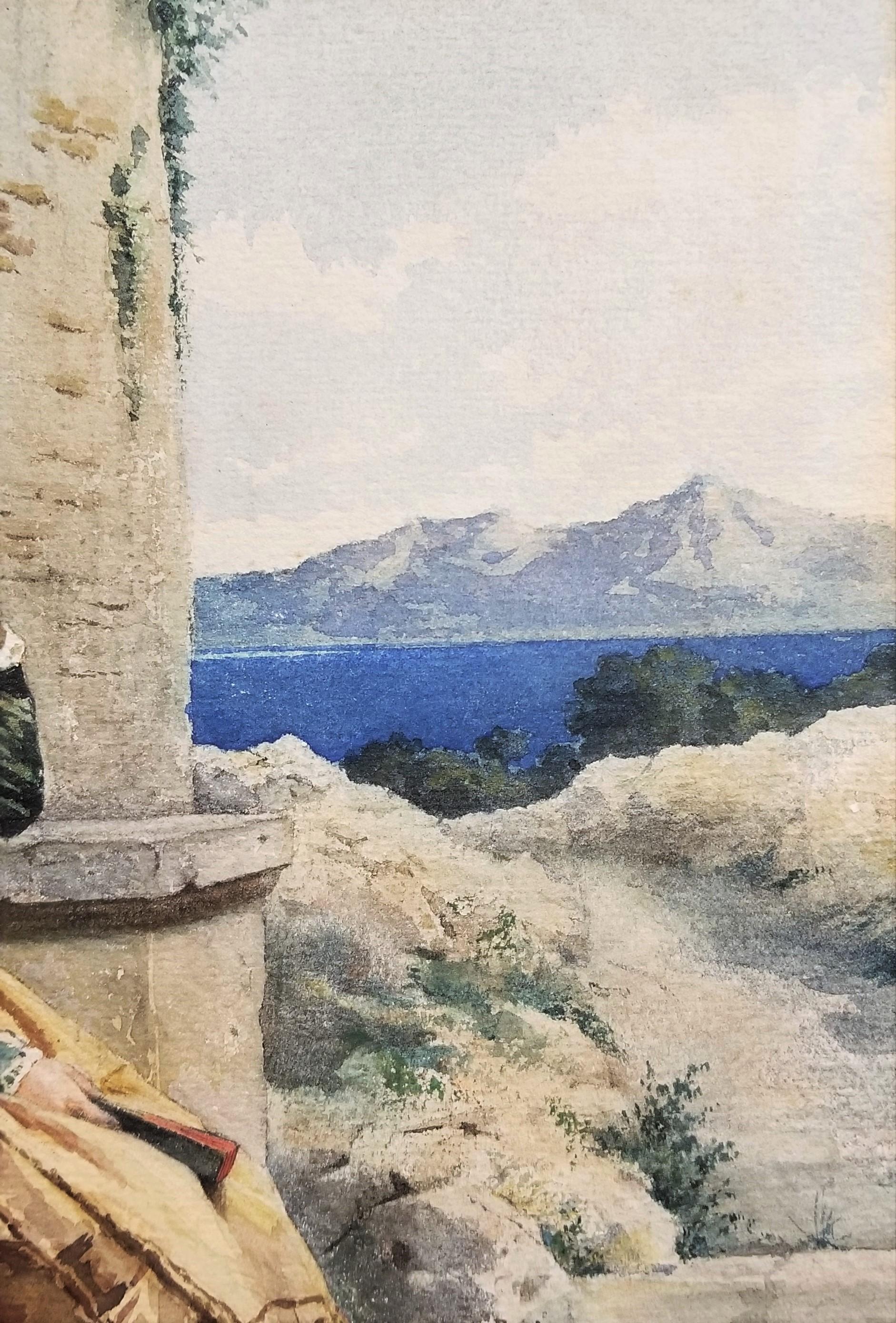 Resting Lady, Roma /// Antique Rome Italian Watercolor Figurative Landscape Art For Sale 6