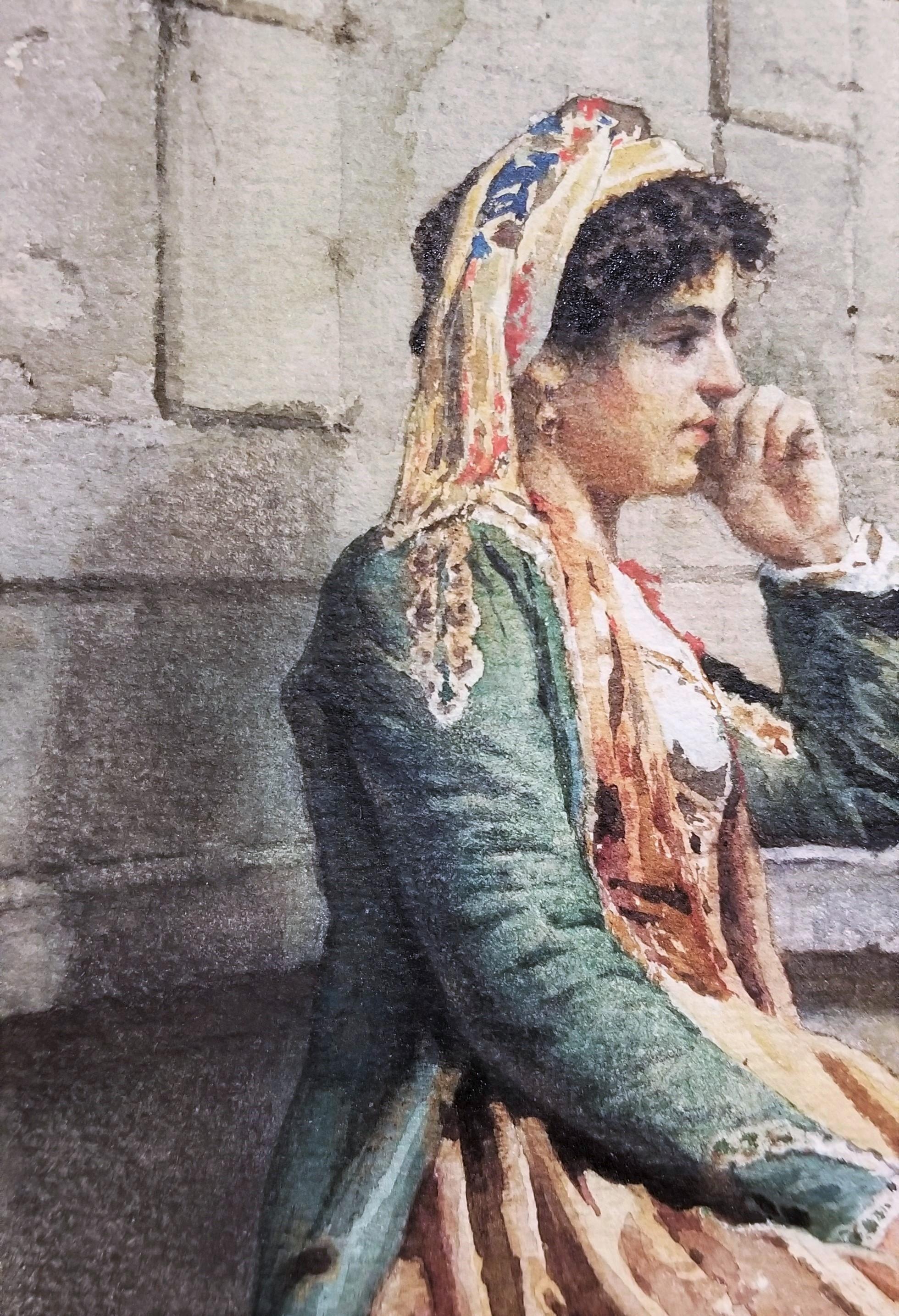 Resting Lady, Roma /// Antique Rome Italian Watercolor Figurative Landscape Art For Sale 8