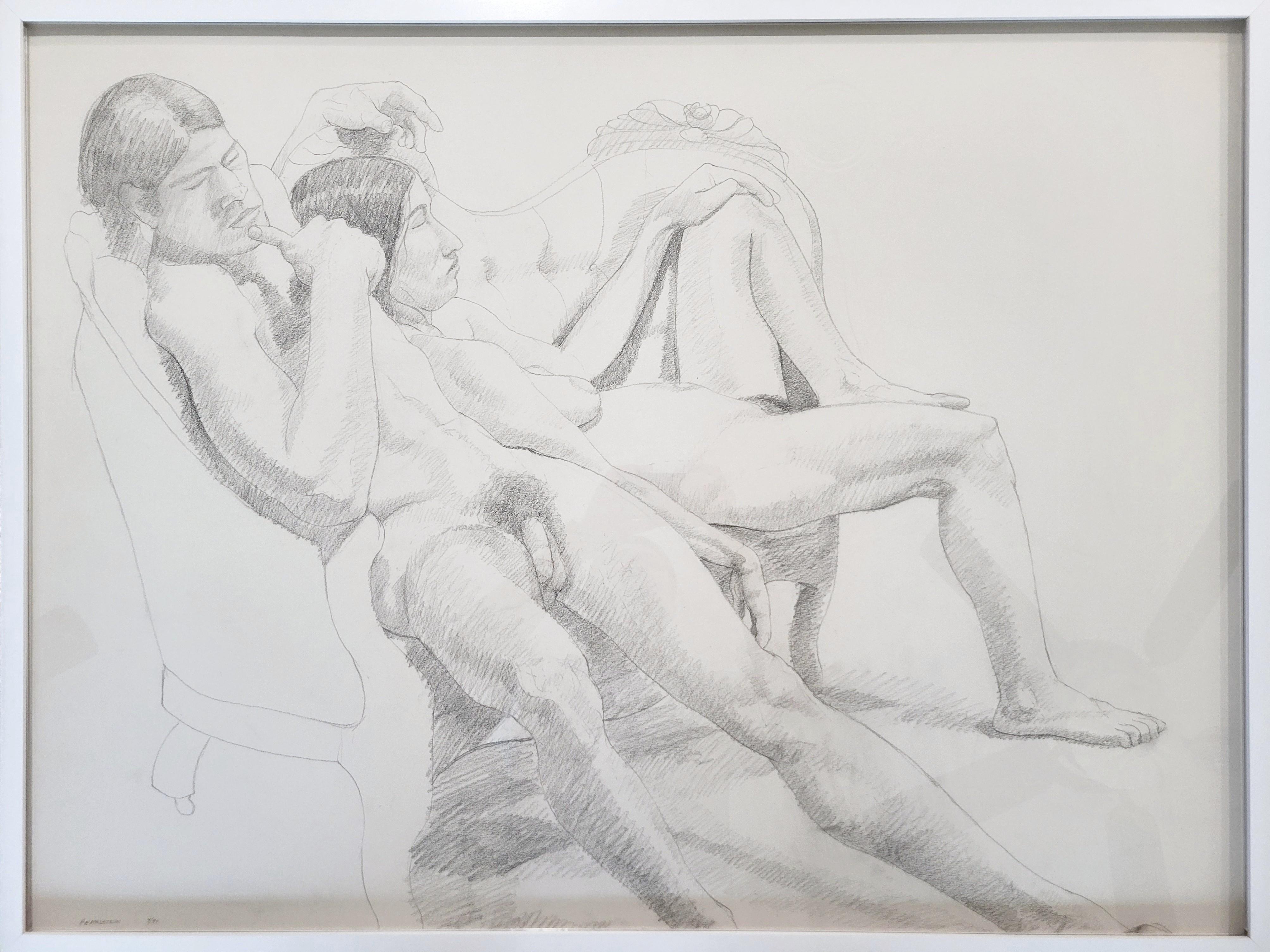 Male and Female Nudes on a Sofa /// Philip Pearlstein Pencil Drawing Figurative For Sale 1