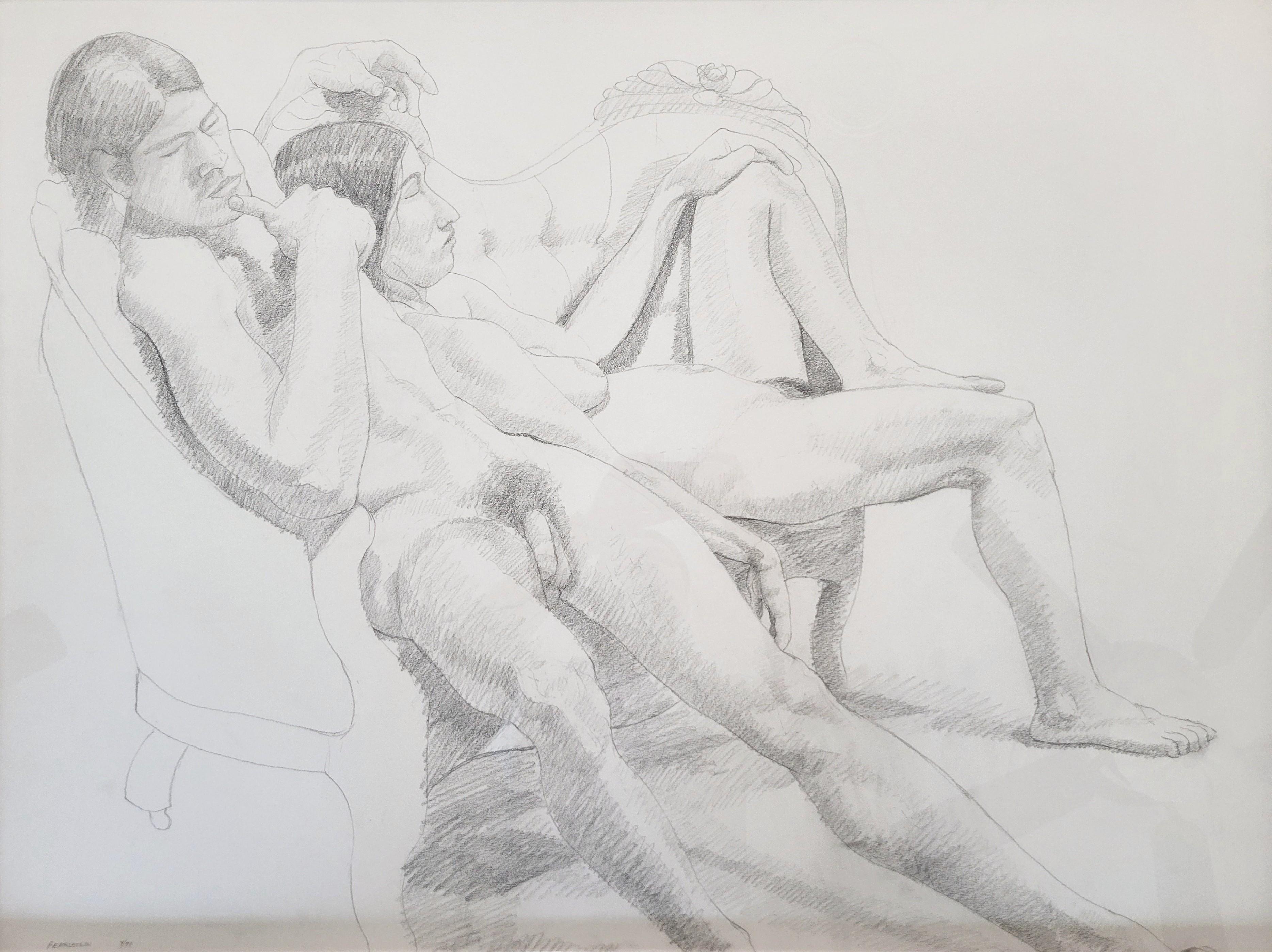 Male and Female Nudes on a Sofa /// Philip Pearlstein Pencil Drawing Figurative