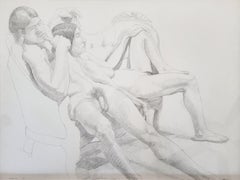 Male and Female Nudes on a Sofa /// Philip Pearlstein Pencil Drawing Figurative