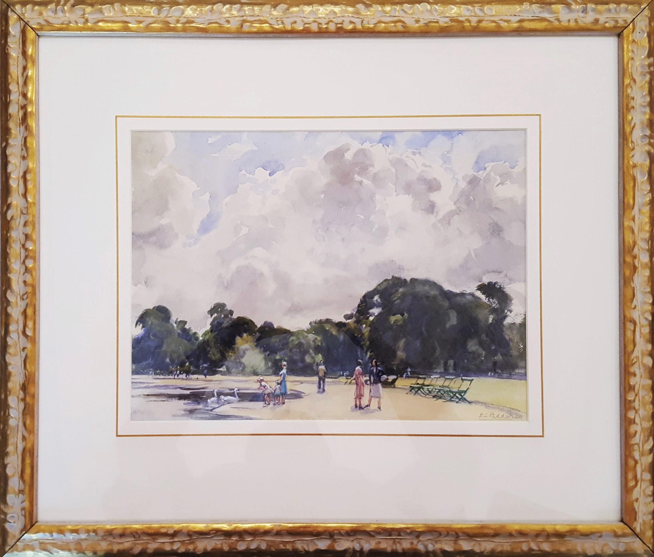 El Estanque Redondo, Jardines de Kensington, Londres /// Mujer Artista Acuarela Británica - Landscape Art Gris de Beatrice Stella Pedder