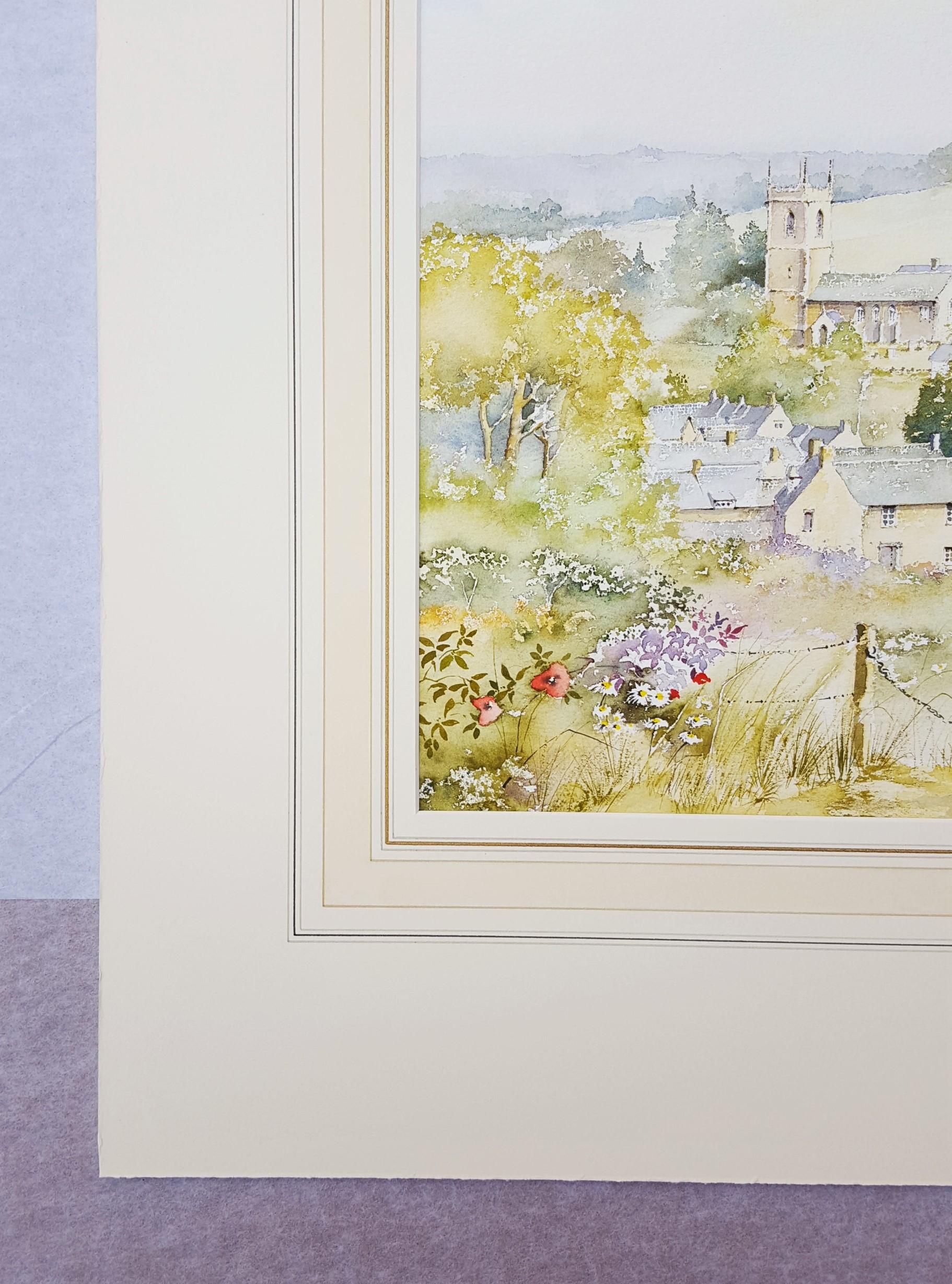 Naunton, Gloucestershire, UK /// Scène de village en aquarelle britannique contemporaine - Contemporain Art par Ken Burton