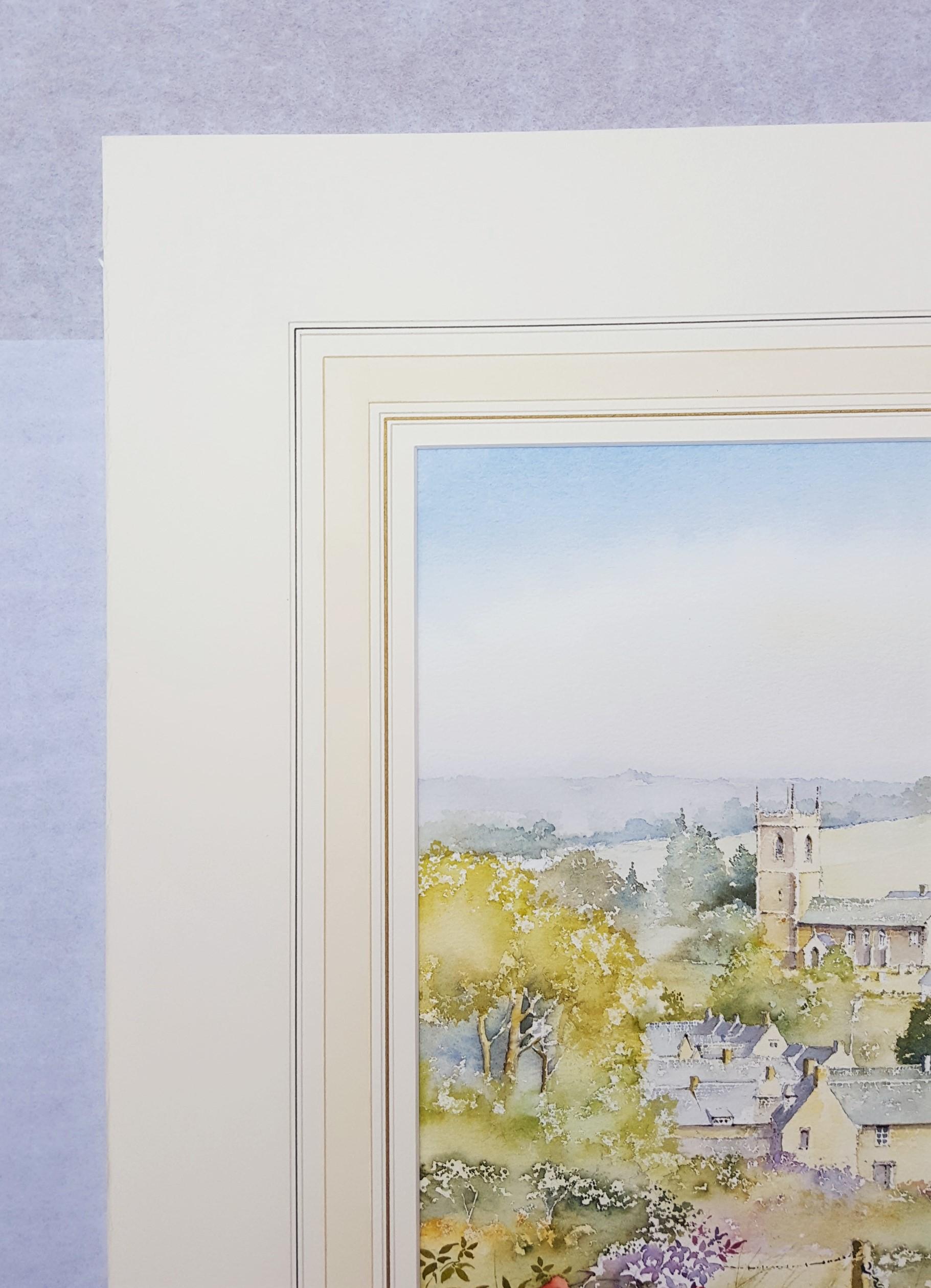 Naunton, Gloucestershire, UK /// Scène de village en aquarelle britannique contemporaine - Gris Landscape Art par Ken Burton