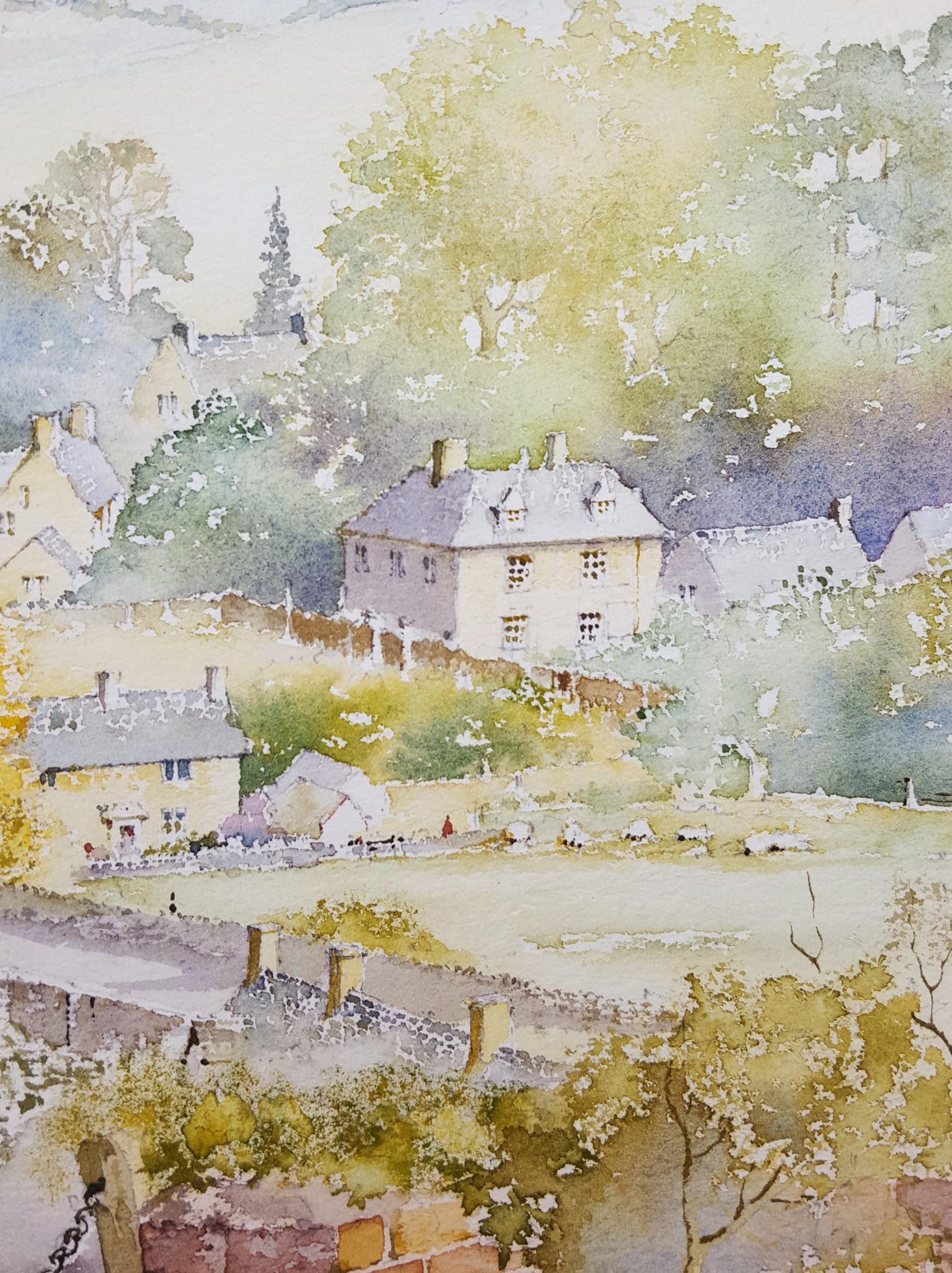 Naunton, Gloucestershire, UK /// Scène de village en aquarelle britannique contemporaine en vente 6