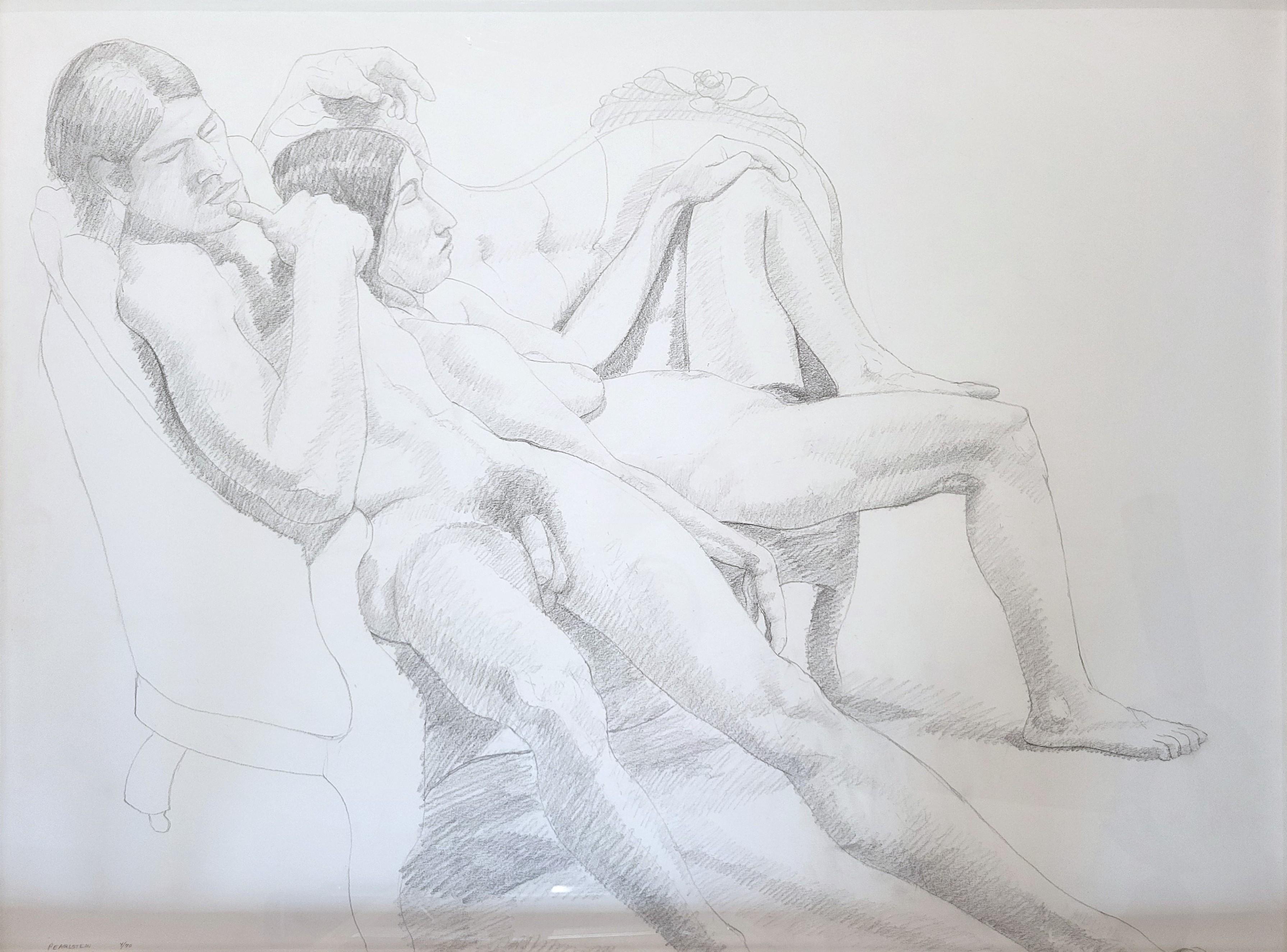 Male and Female Nudes on a Sofa /// Philip Pearlstein Pencil Drawing Figurative