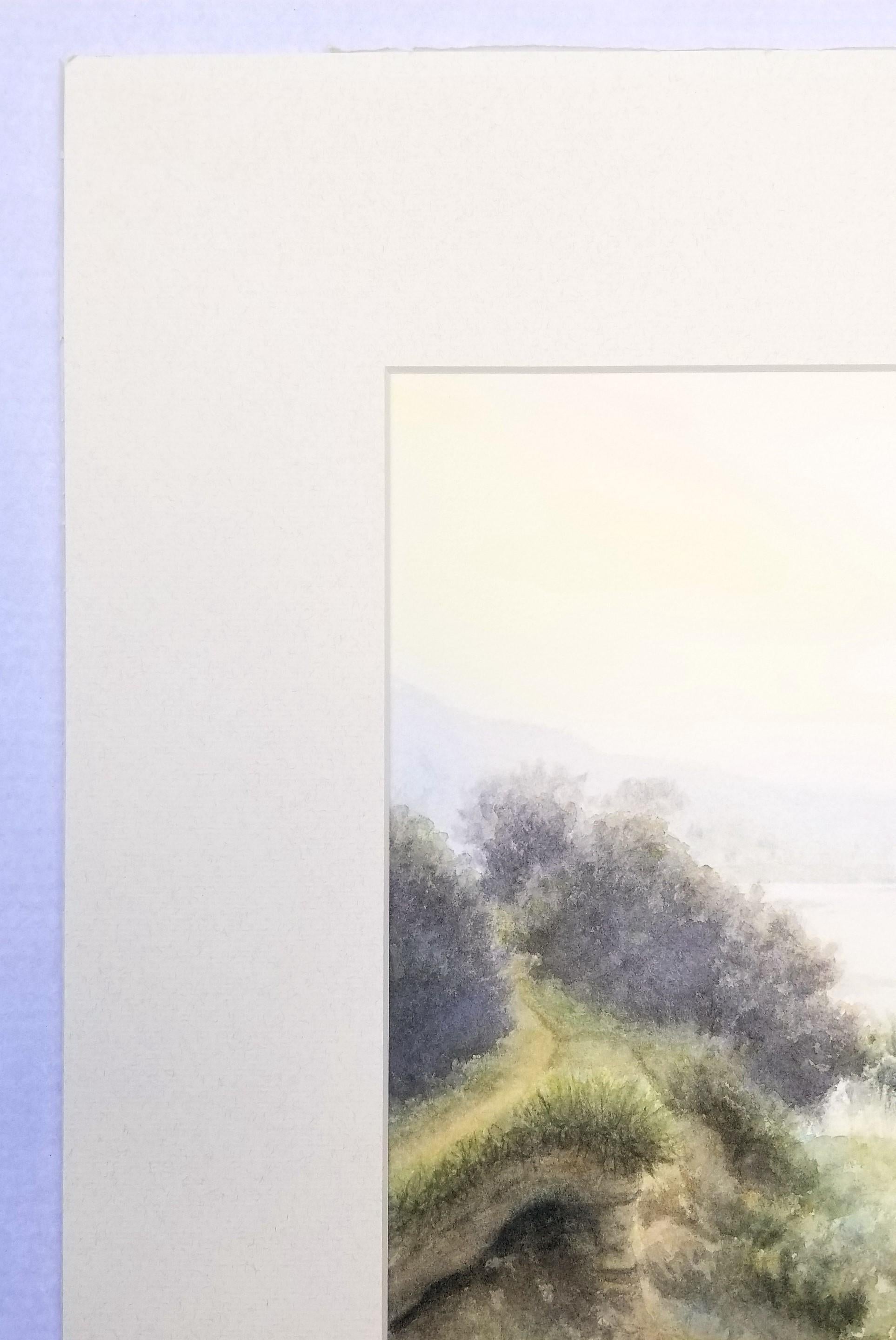 Río Tyne entre Hexham y Corbridge /// Acuarela de paisaje contemporáneo - Landscape Art Gris de Gillie Cawthorne