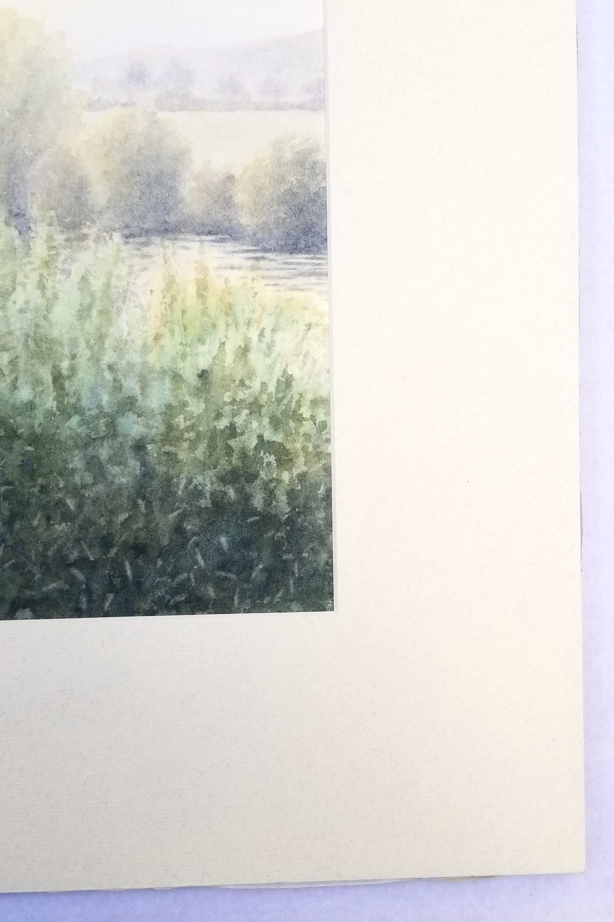 Río Tyne entre Hexham y Corbridge /// Acuarela de paisaje contemporáneo en venta 1