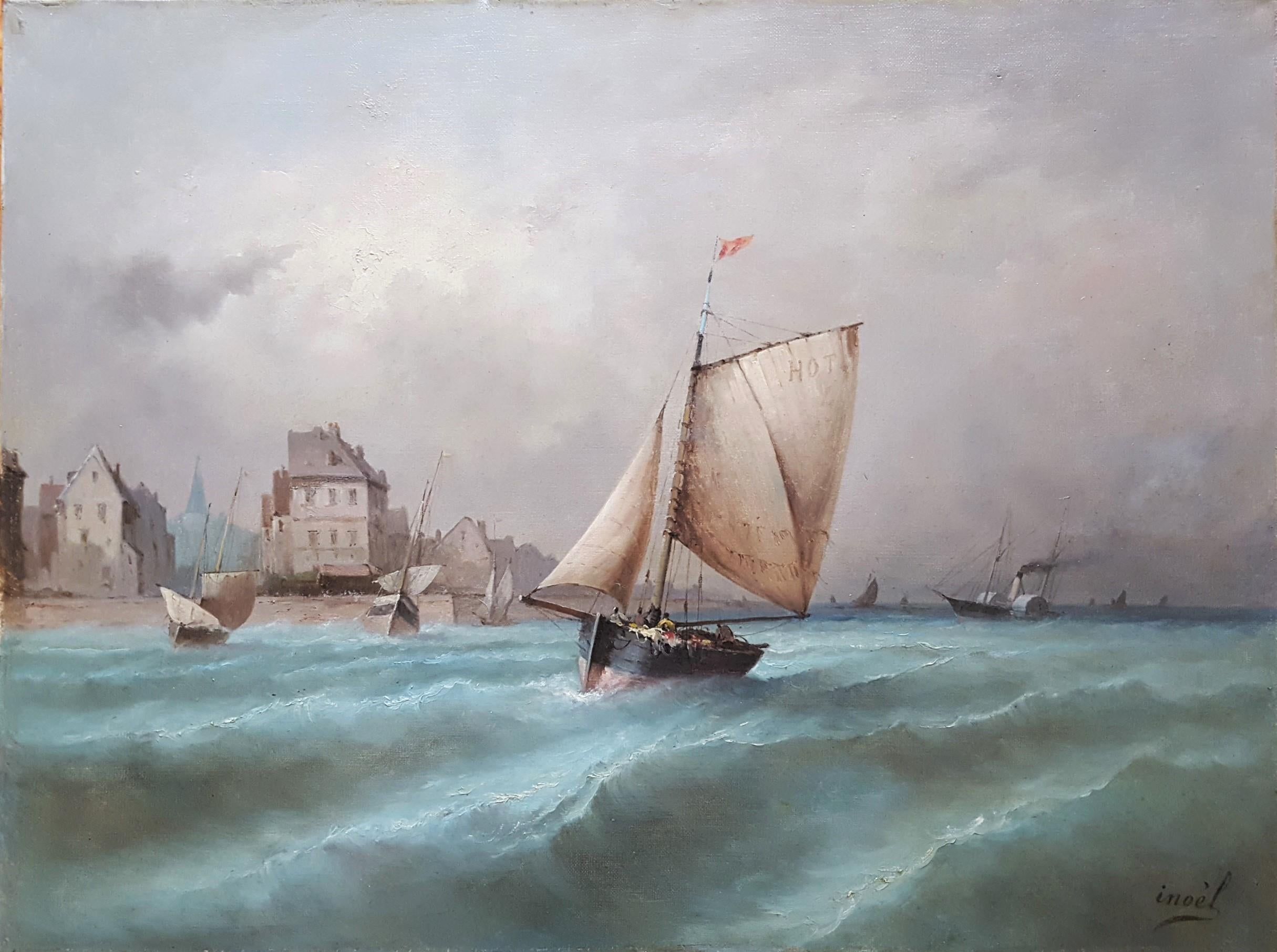 Vue de Venise (Ansicht von Venedig) /// Antikes französisches Meereslandschaftsgemälde eines Bootsschiffes  – Painting von Inoel