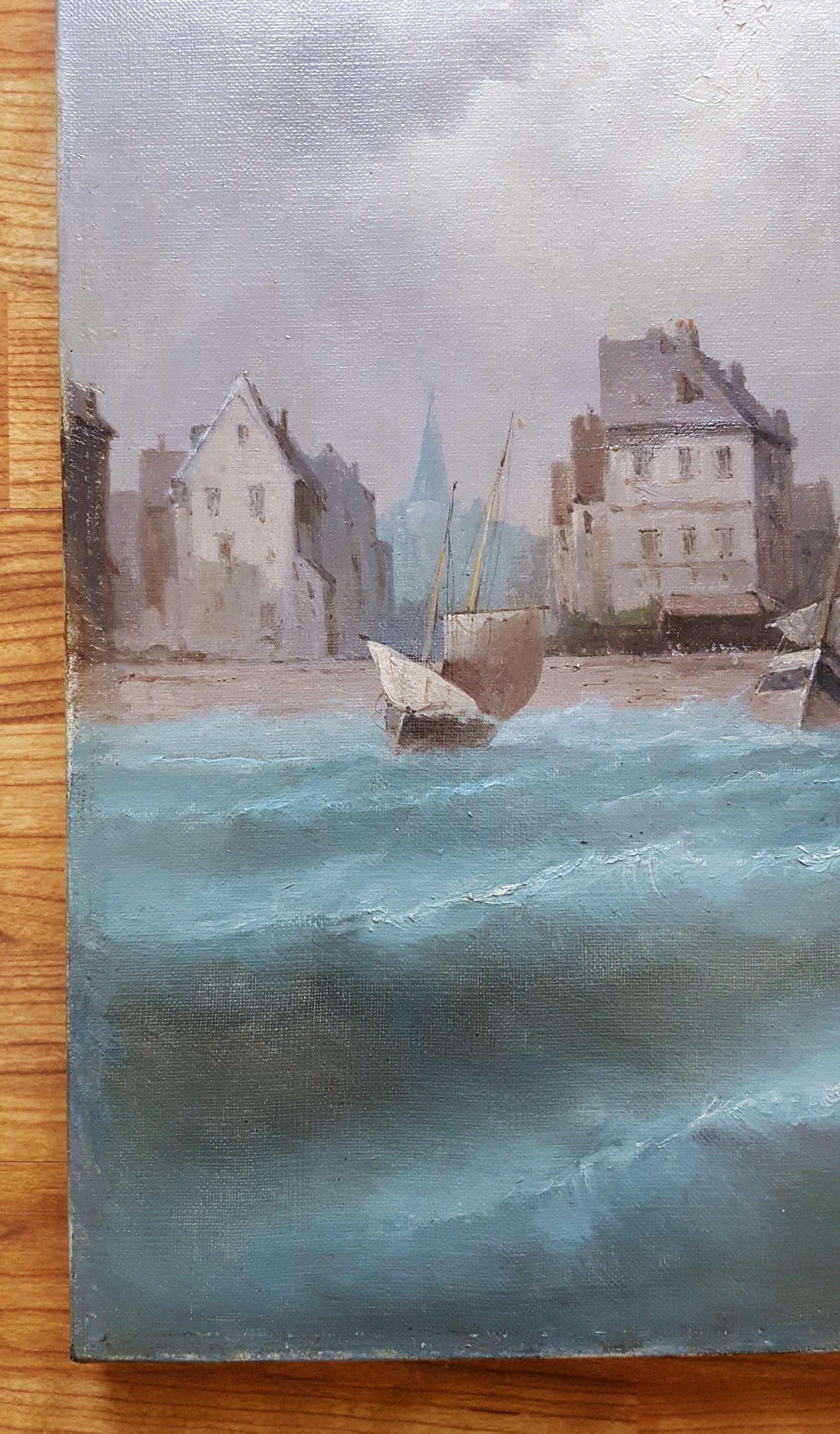 Vue de Venise (View of Venice) /// Antique French Boat Ship Seascape Painting  For Sale 5