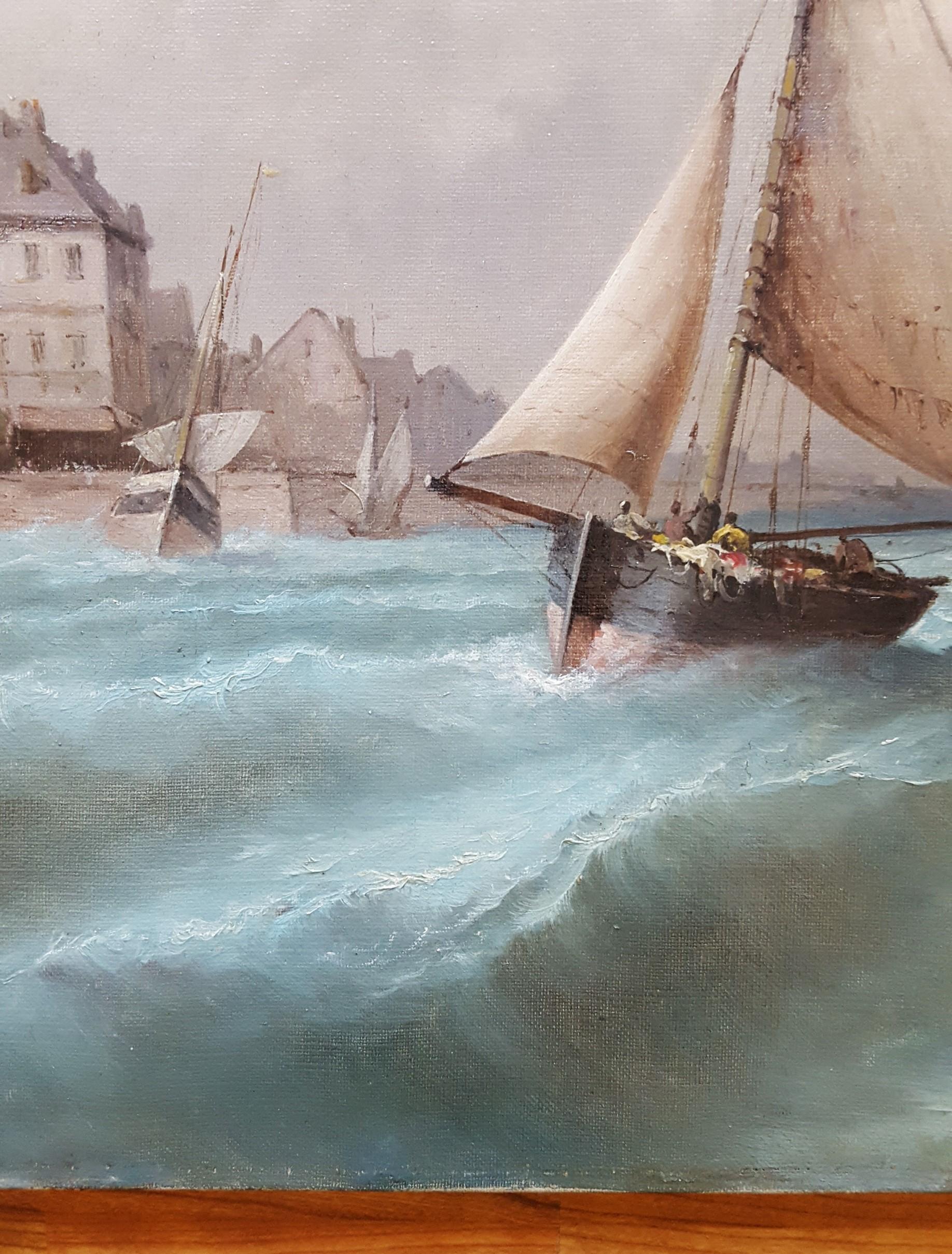 Vue de Venise (View of Venice) /// Antique French Boat Ship Seascape Painting  For Sale 9