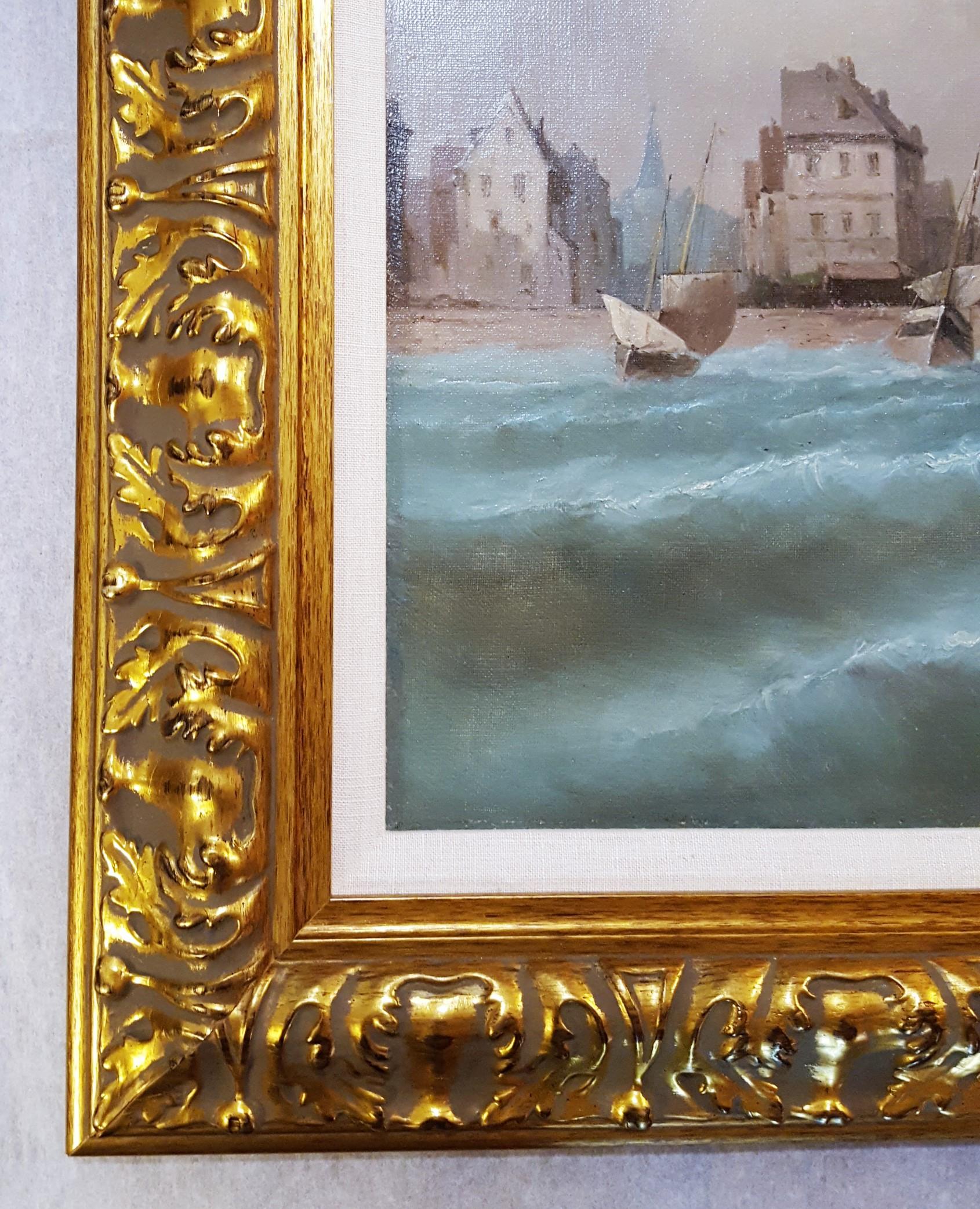 Vue de Venise (View of Venice) /// Antique French Boat Ship Seascape Painting  - Gray Landscape Painting by Inoel