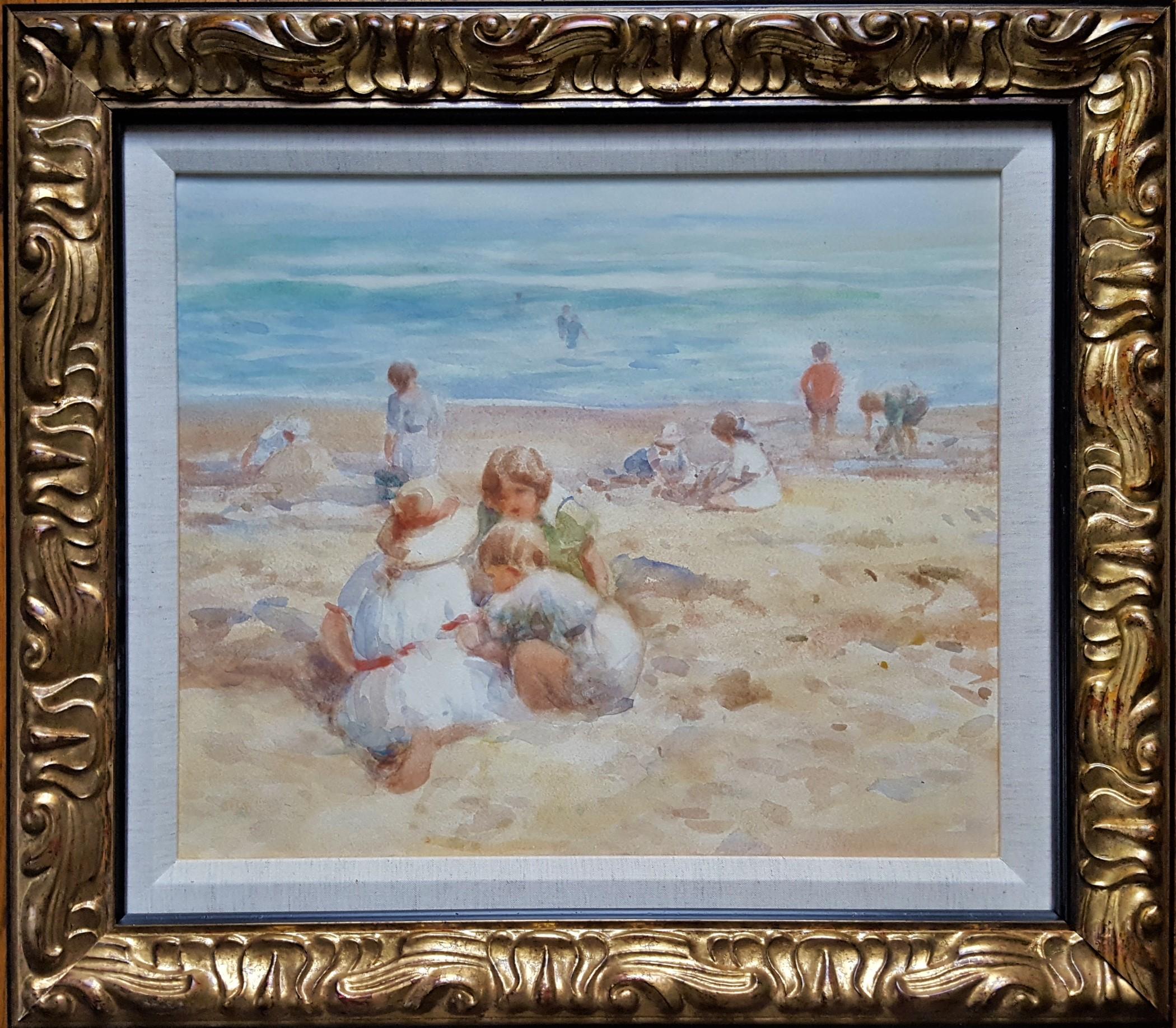 Children Playing on the Beach /// British Watercolor Figurative Seascape Antique - Art by David Thomas Robertson