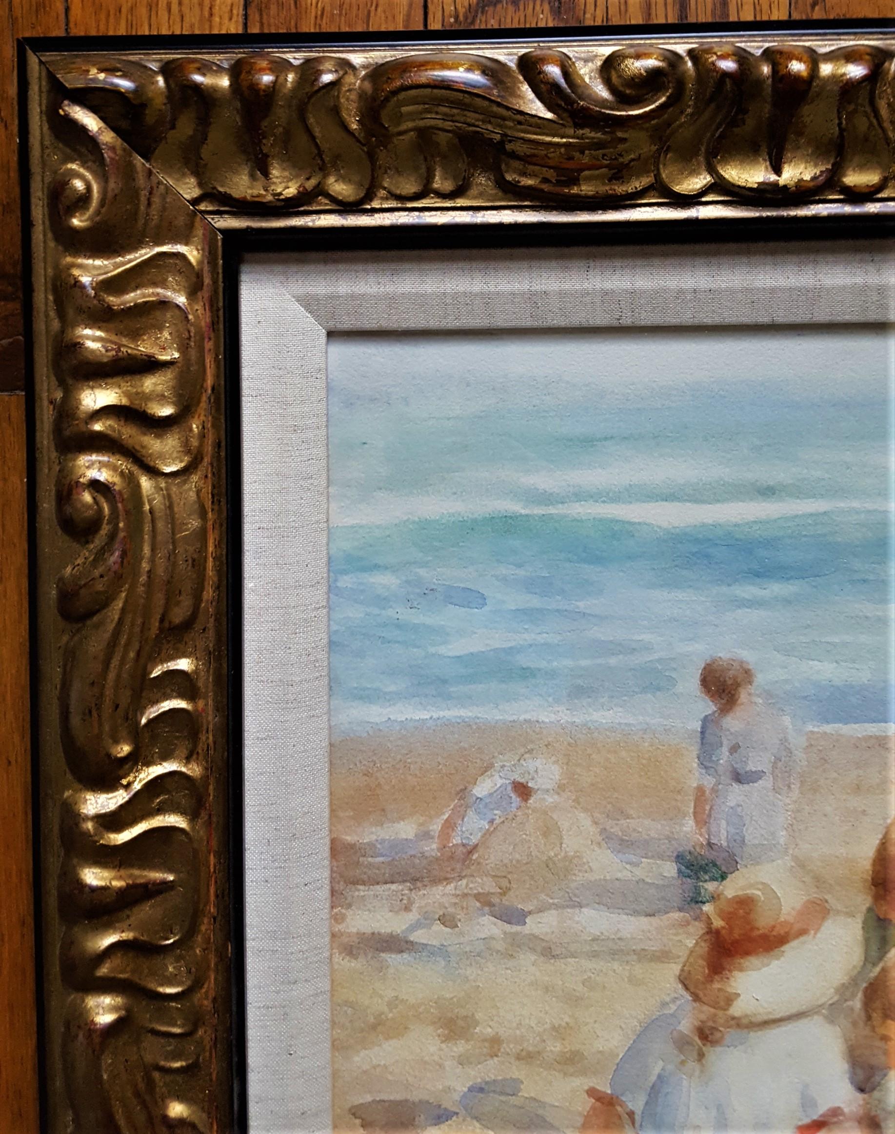 Bambini che giocano sulla spiaggia /// Acquerello inglese Figurativo Paesaggio marino Antico - Figurative Art Grigio di David Thomas Robertson