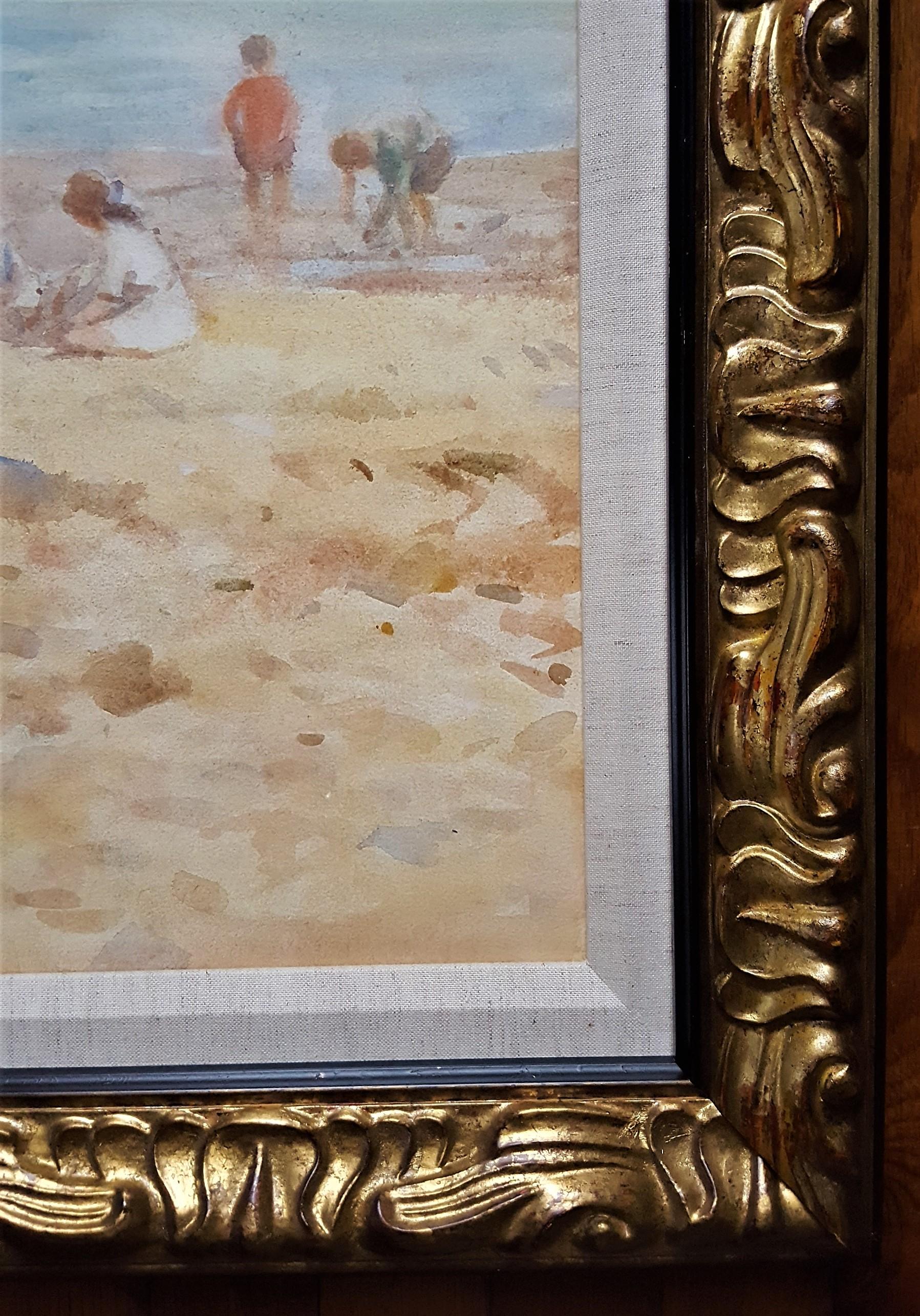 Bambini che giocano sulla spiaggia /// Acquerello inglese Figurativo Paesaggio marino Antico 1