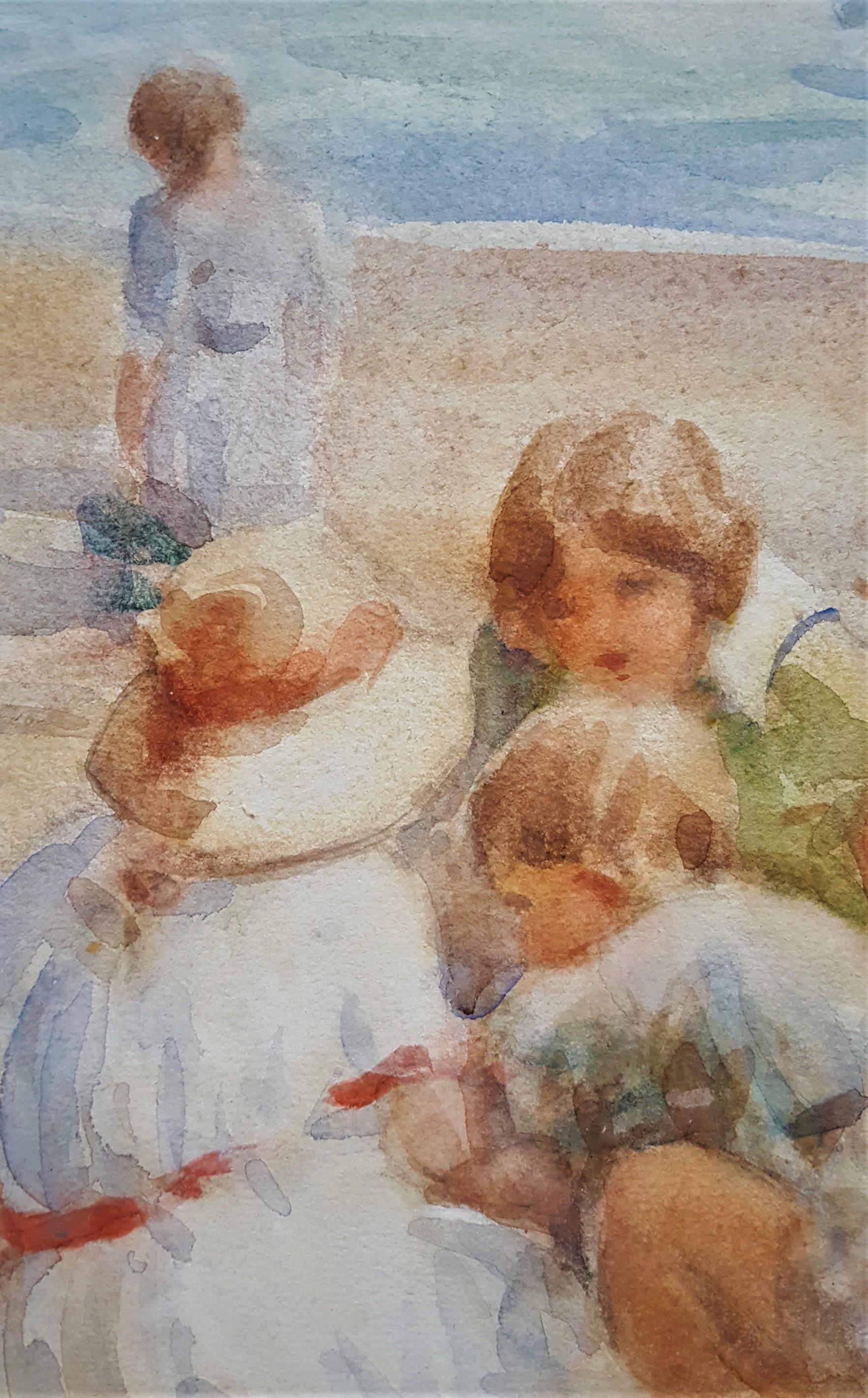 Children Playing on the Beach /// British Watercolor Figurative Seascape Antique For Sale 1