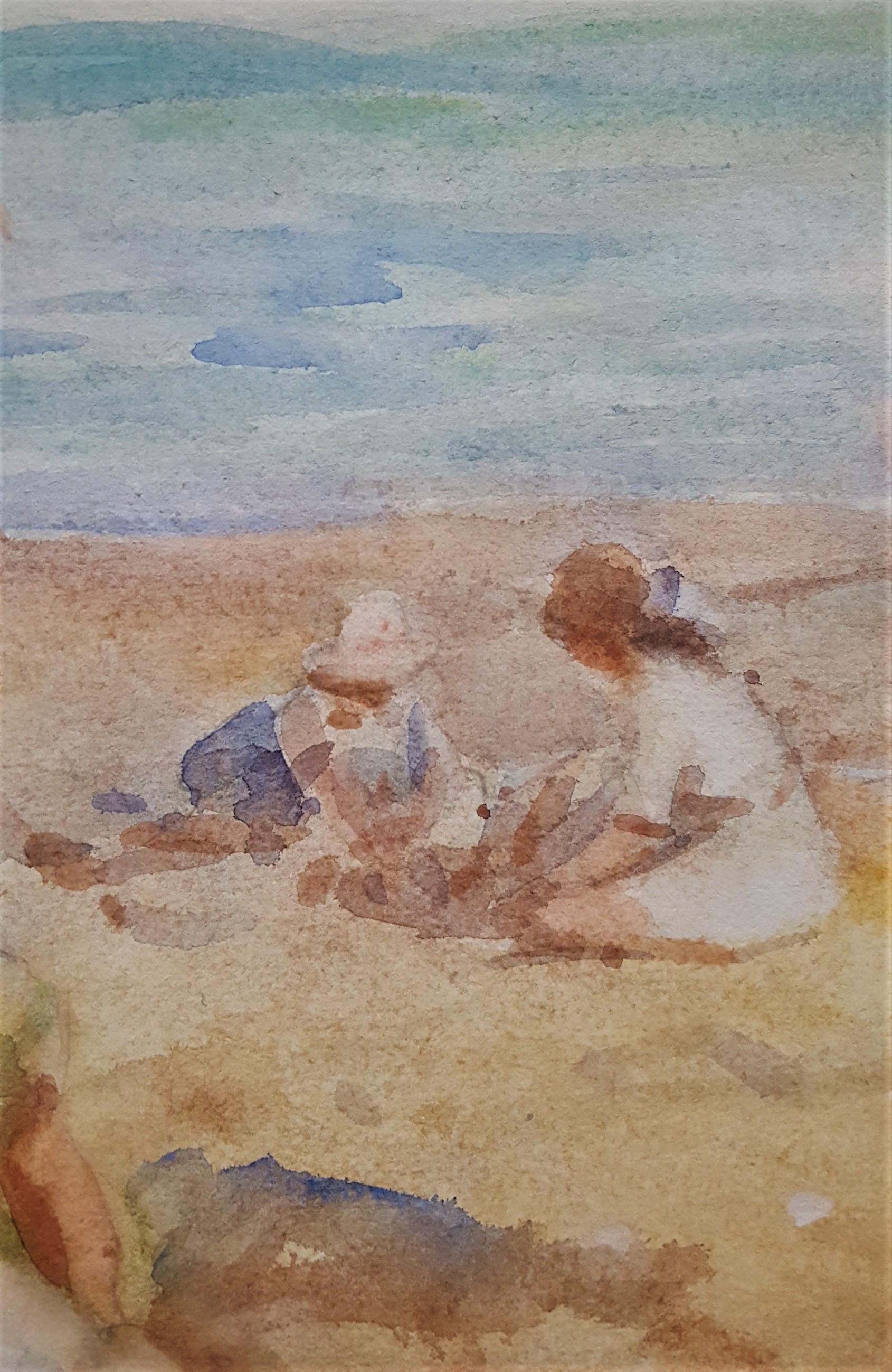 Kinder beim Strand spielen /// Britische Aquarell-Figurative Meereslandschaft, antik im Angebot 5