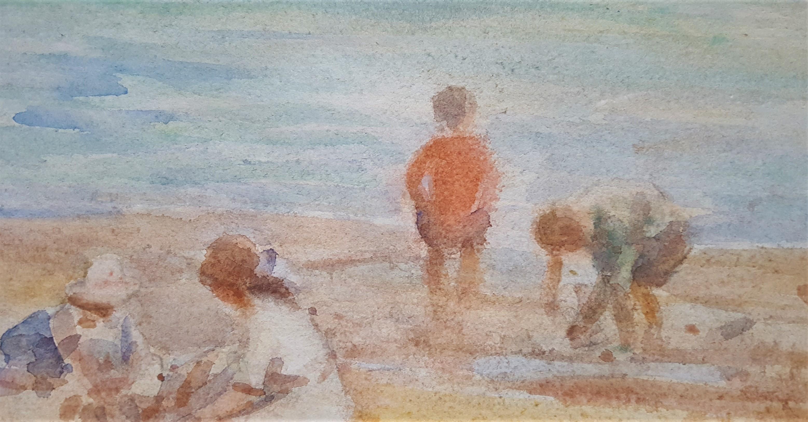 Children Playing on the Beach /// British Watercolor Figurative Seascape Antique For Sale 3