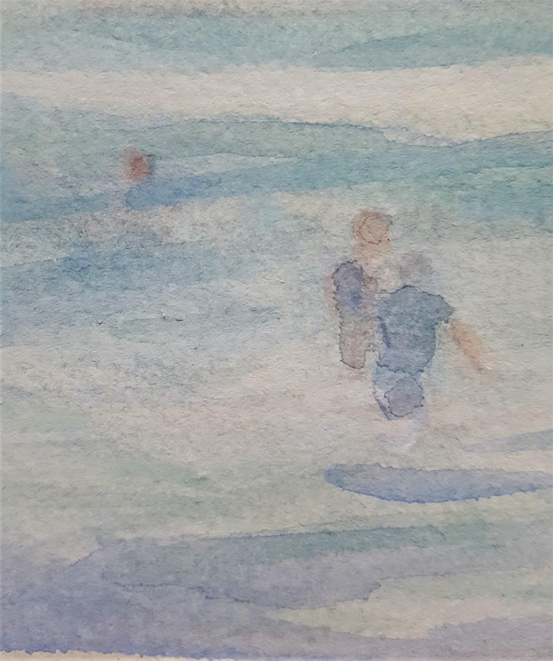 Children Playing on the Beach /// British Watercolor Figurative Seascape Antique For Sale 5