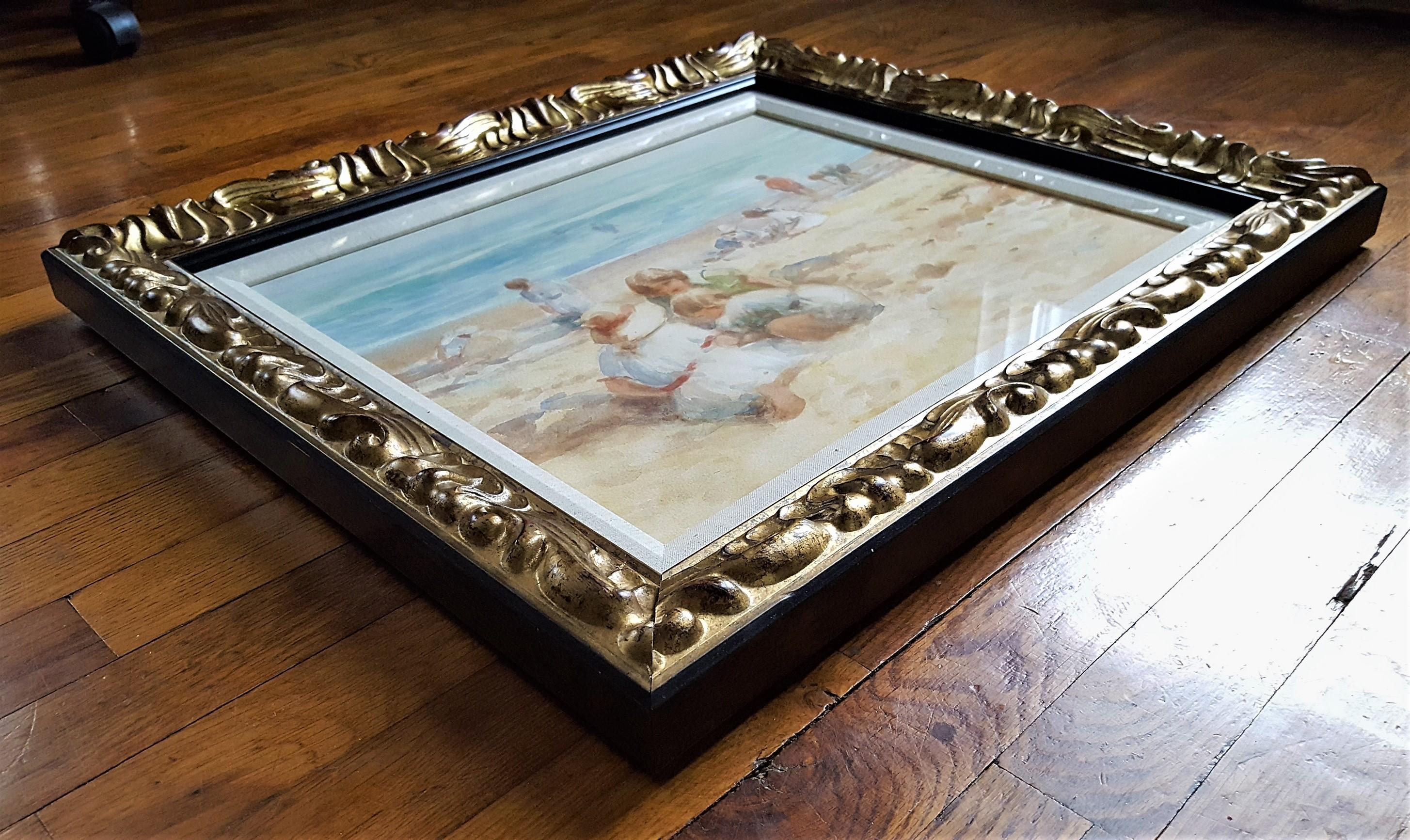 Children Playing on the Beach /// British Watercolor Figurative Seascape Antique For Sale 7