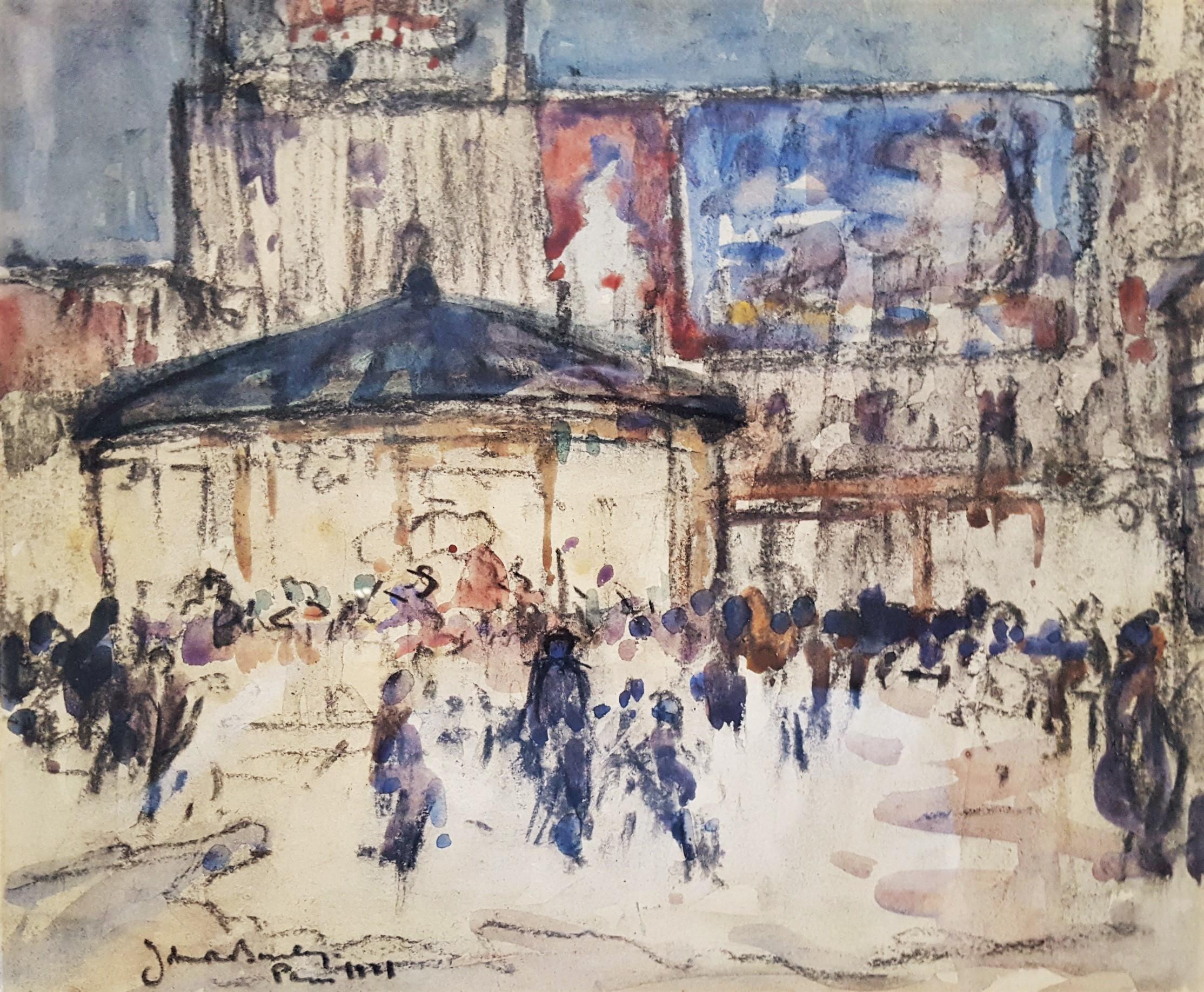 John Rankine Barclay Figurative Art - Paris Street Scene /// Modern British Watercolor France City Scene Impressionism