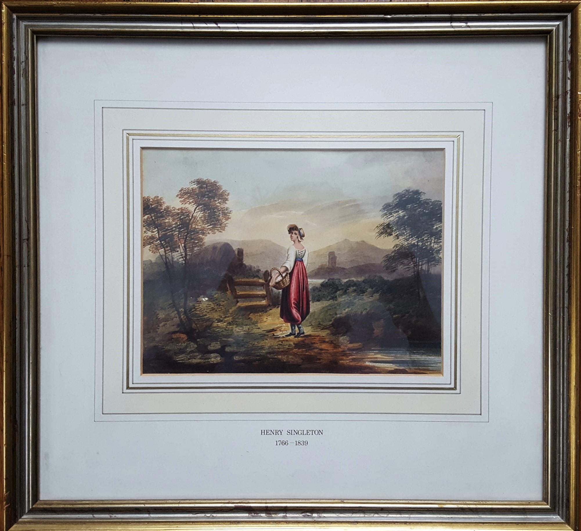 Girl with Basket /// Antique Victorian Watercolor Lady Woman Landscape British - Art by Henry Singleton