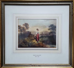 Girl with Basket /// Antique Victorian Watercolor Lady Woman Landscape British