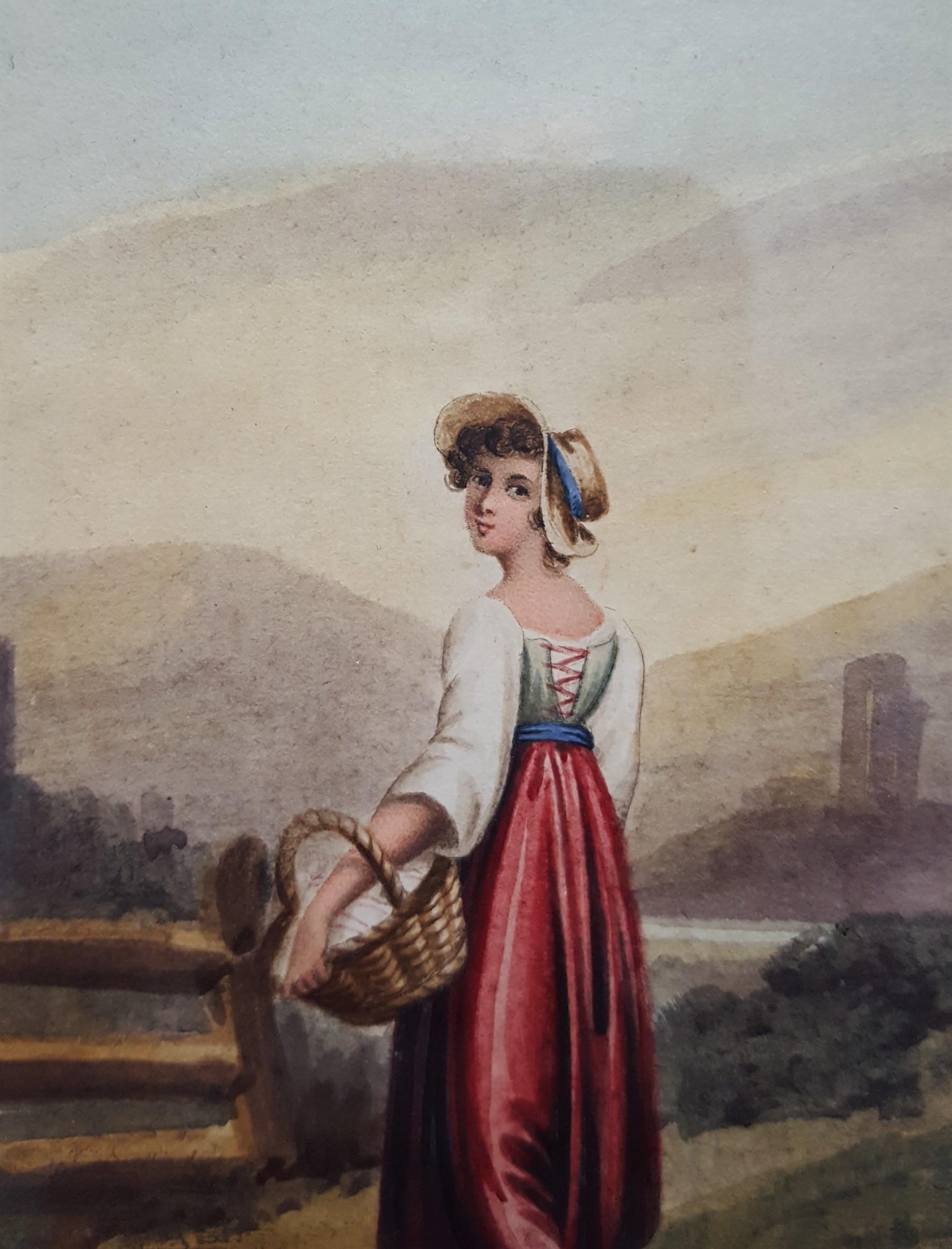 Girl with Basket /// Antique Victorian Watercolor Lady Woman Landscape British 2