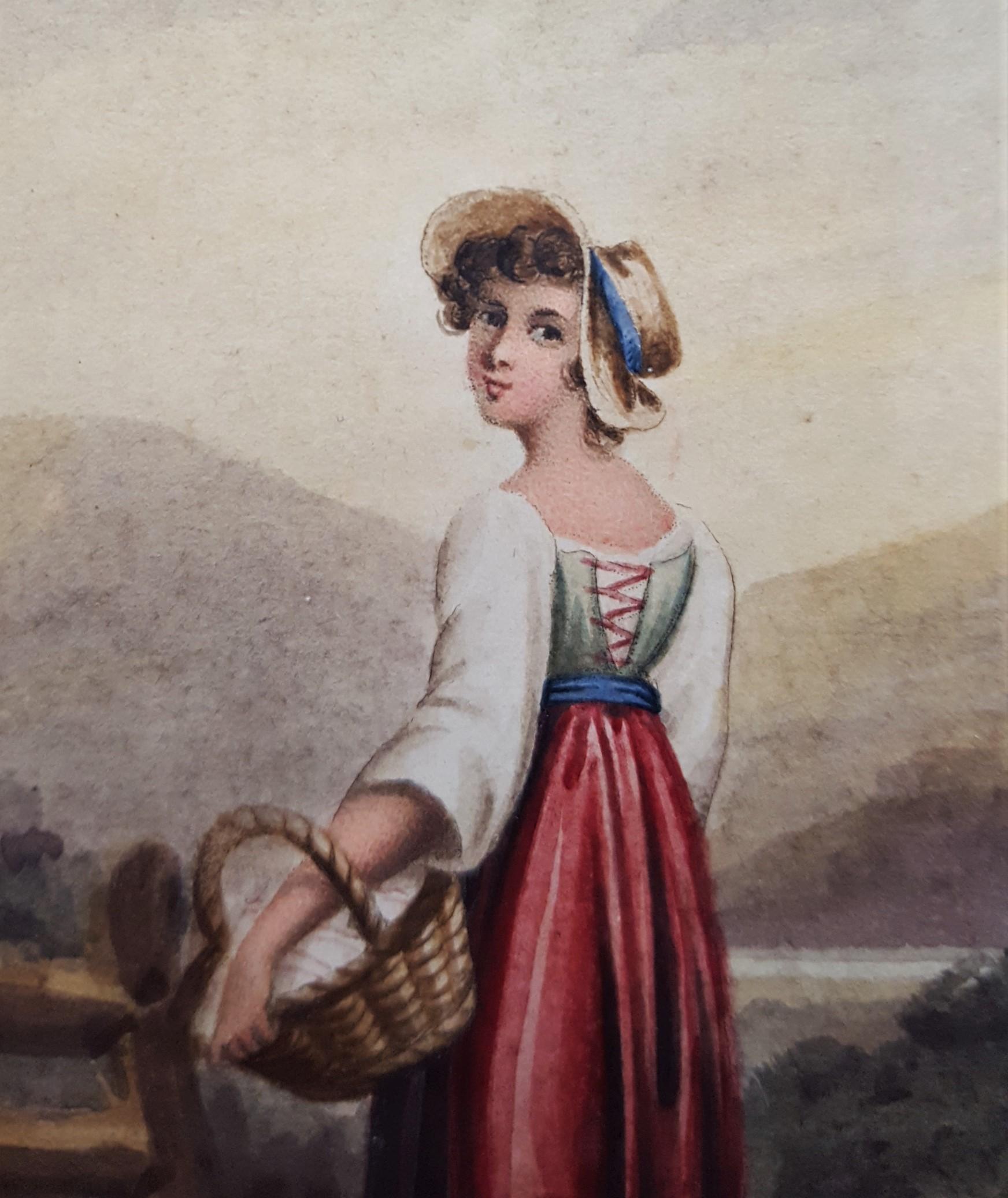 Girl with Basket /// Antique Victorian Watercolor Lady Woman Landscape British 3