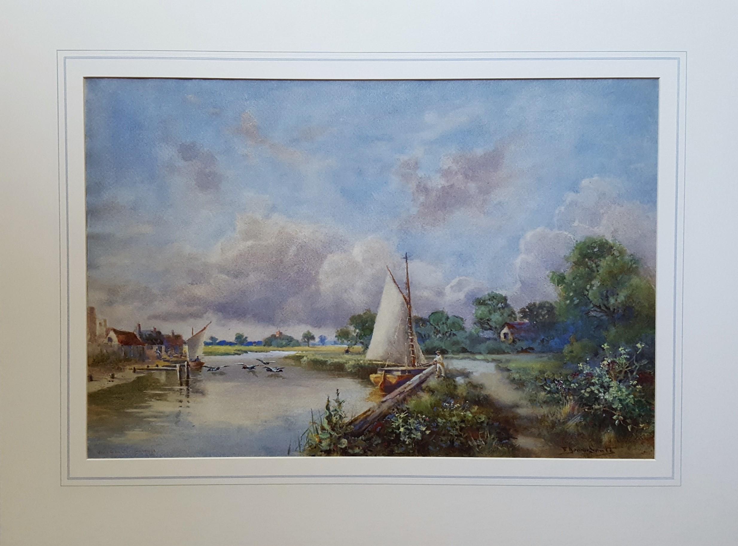 Canale di Norfolk Broads /// Antique British Acquerello Barca Nave Fiume Villlage - Art di F. Denner Smith