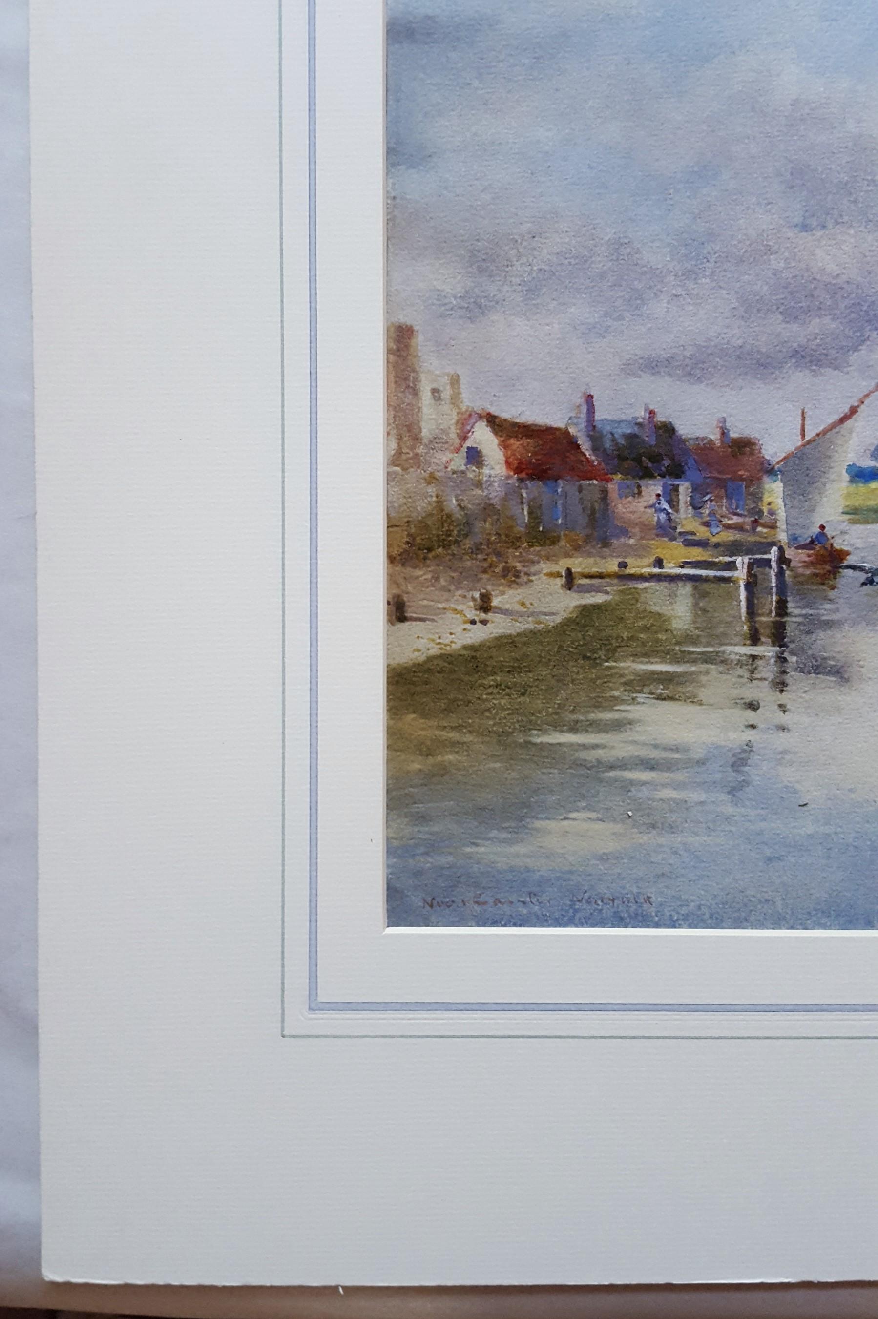 Canale di Norfolk Broads /// Antique British Acquerello Barca Nave Fiume Villlage - Art Impressionismo di F. Denner Smith
