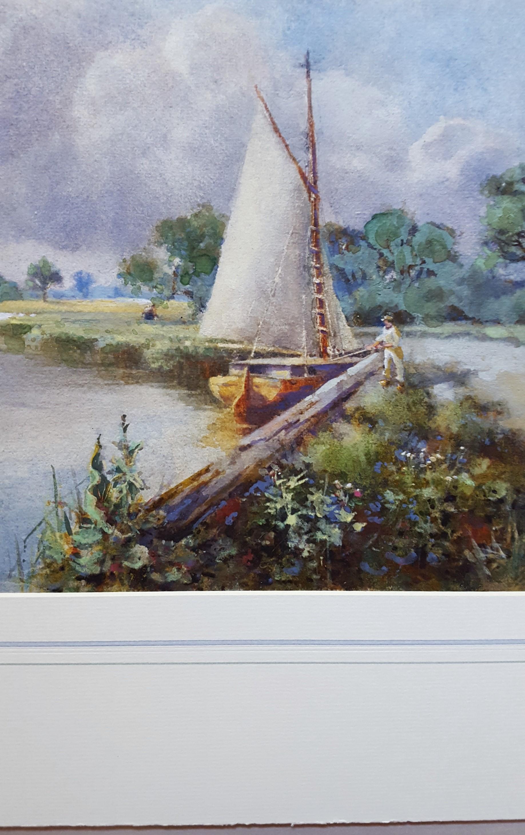 Canal in Norfolk Broads /// Antique British Watercolor Boat Ship River Villlage For Sale 1